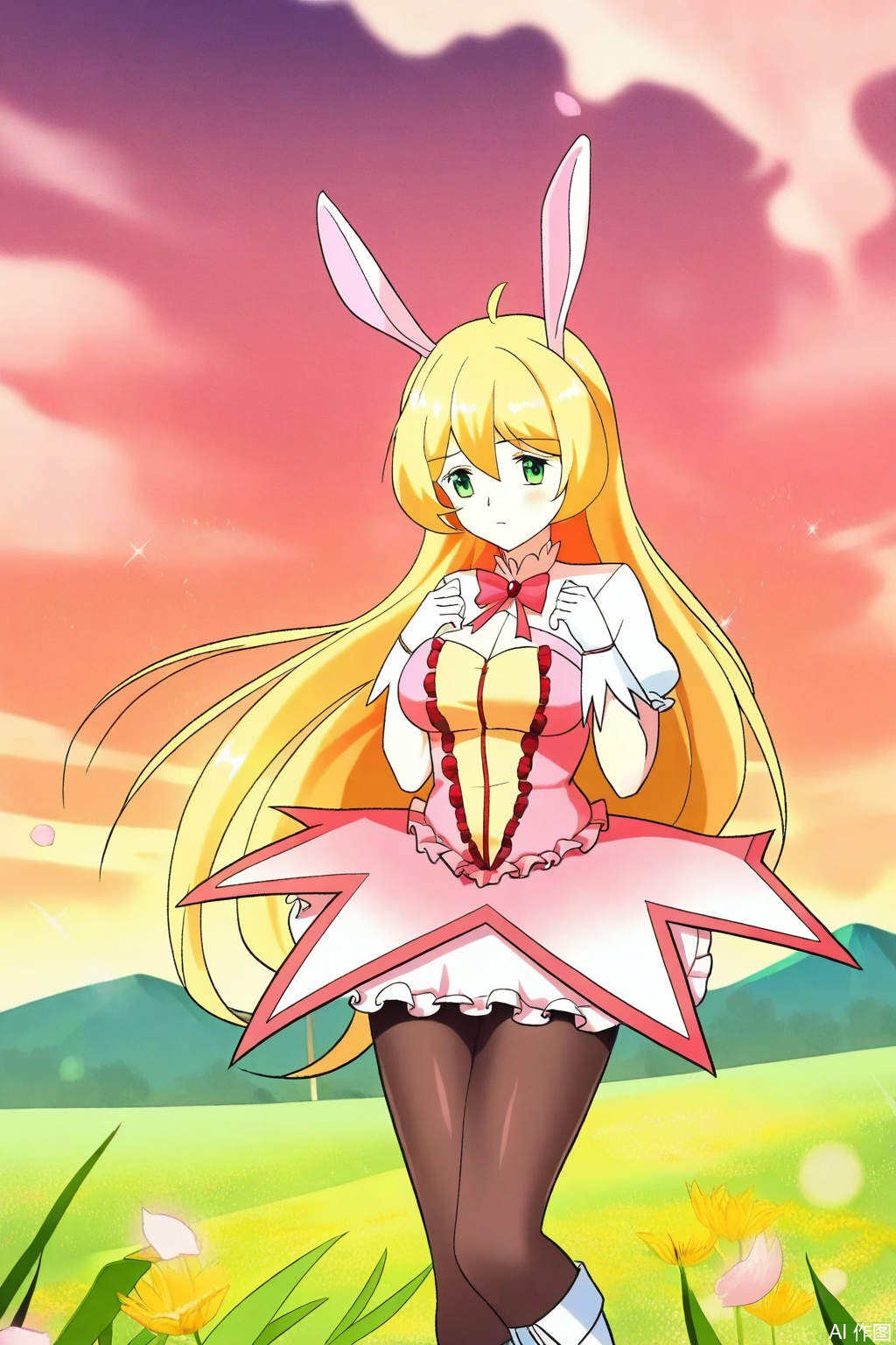 1girl, solo, long hair, breasts, skirt, blonde hair, large breasts, gloves, animal ears, green eyes, pantyhose, boots, rabbit ears, cosplay, magical girl,Thigh exposed,thighhighs,looking at viewer,in a meadow,in a meadow,