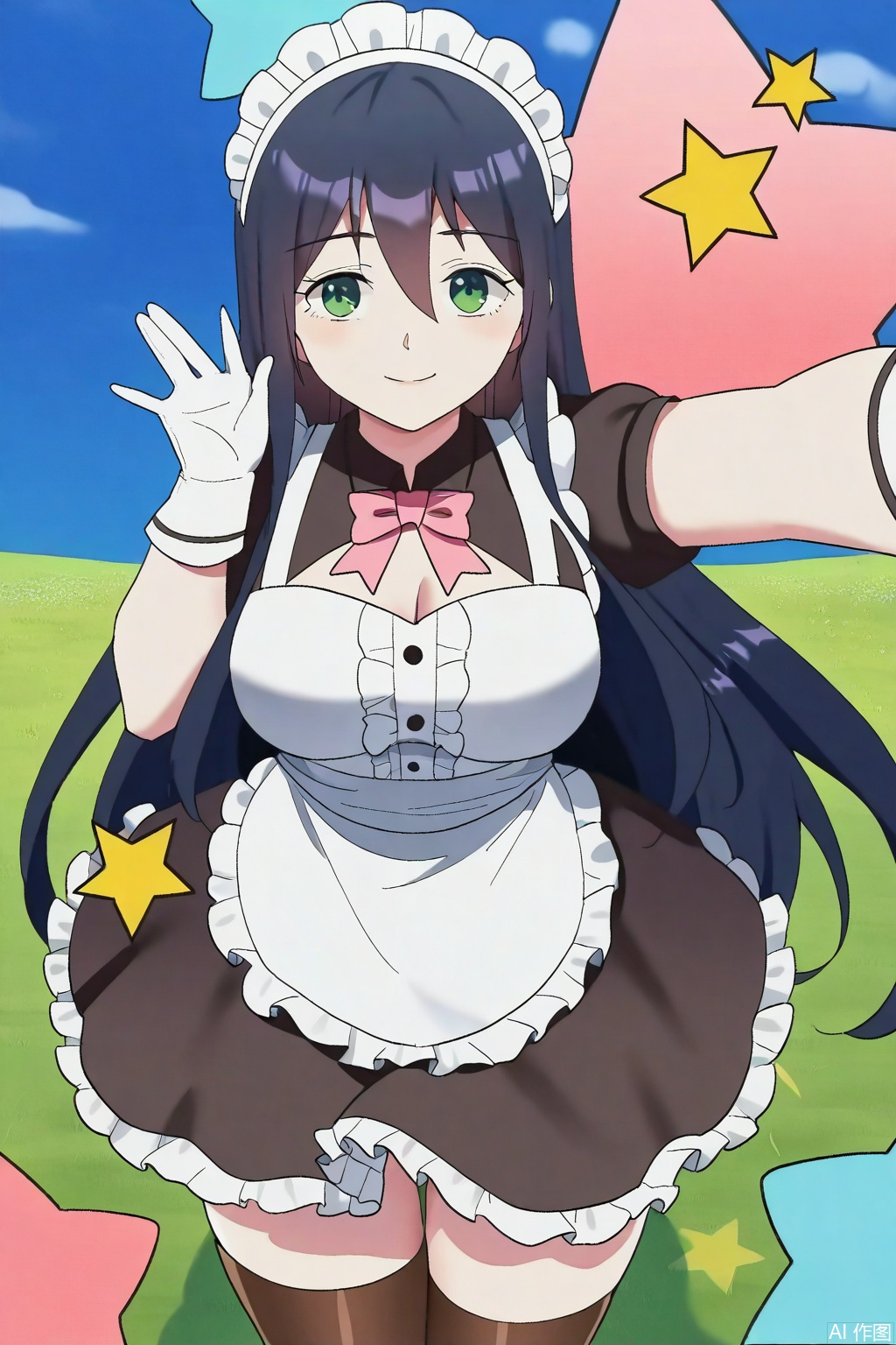 1girl, solo, long hair, breasts, smile, bangs, large breasts, black hair, gloves, dress, hair between eyes, green eyes, short sleeves, white gloves, star \(symbol\), apron, maid, maid headdress, maid apron,Thigh exposed,thighhighs,looking at viewer,in a meadow,in a meadow,