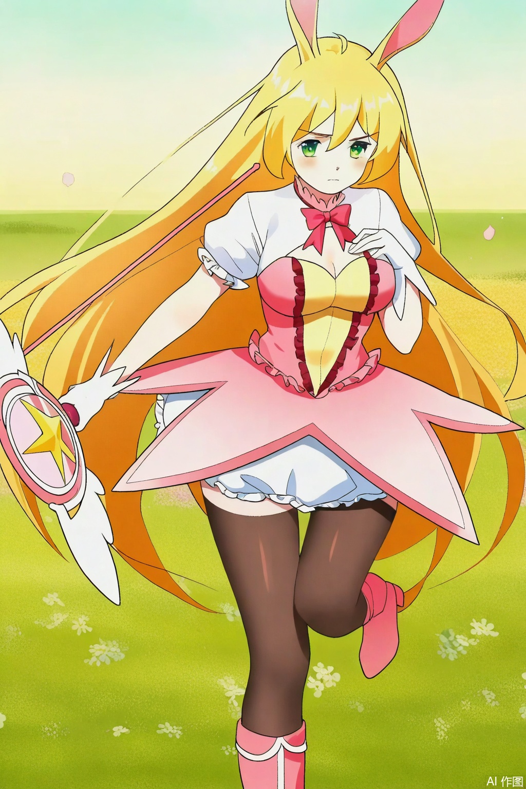 1girl, solo, long hair, breasts, skirt, blonde hair, large breasts, gloves, animal ears, green eyes, pantyhose, boots, rabbit ears, cosplay, magical girl,Thigh exposed,thighhighs,looking at viewer,in a meadow,in a meadow,