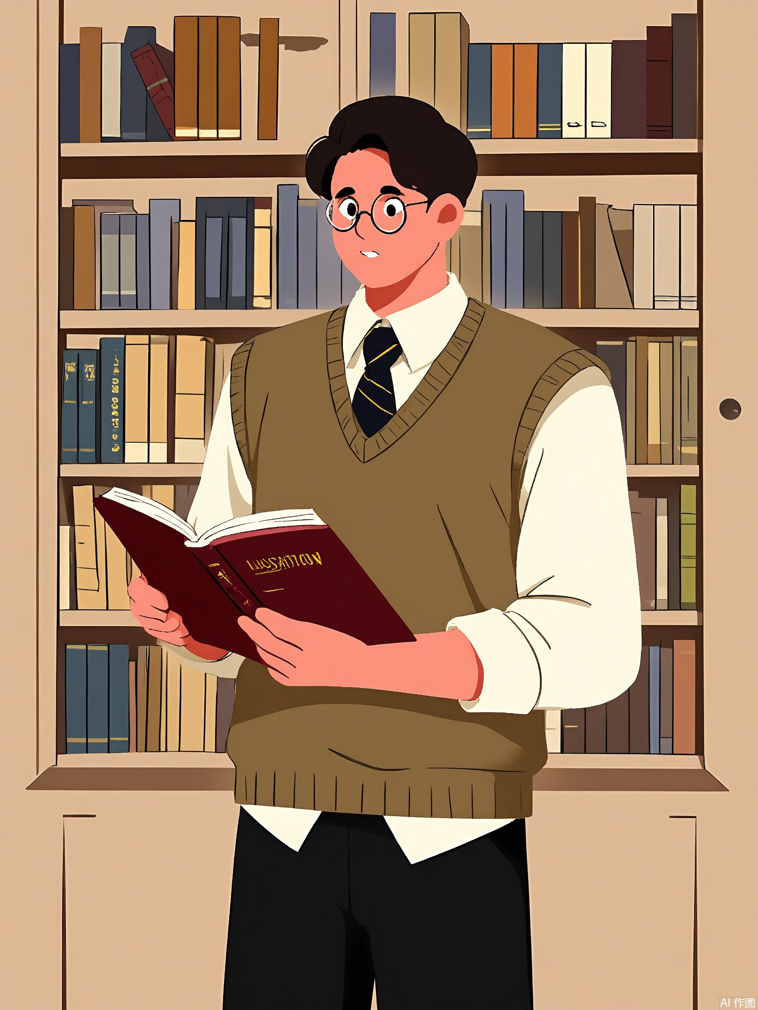 BPJS, Illustration of a male librarian, three-quarter view, holding open book. Round glasses, sweater vest over button-up shirt. Stack of books beside him. Warm earth tones with bookshelf texture background.
