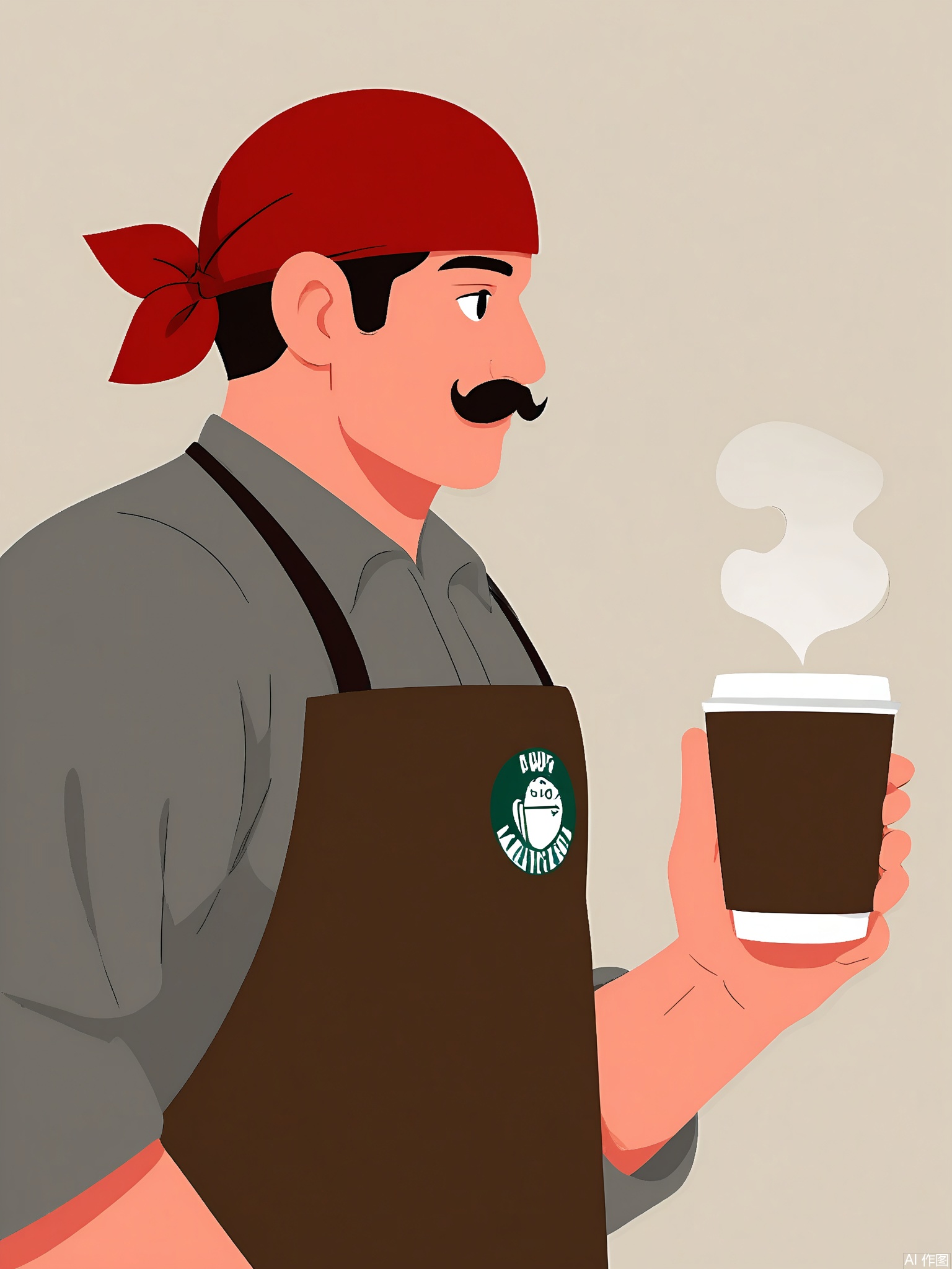 BPJS, Illustration of a male barista, medium close-up, side profile, making latte art. Navy apron over gray shirt, red bandana. Mustache, focused gaze. Flat vector style with coffee cup steam patterns.
