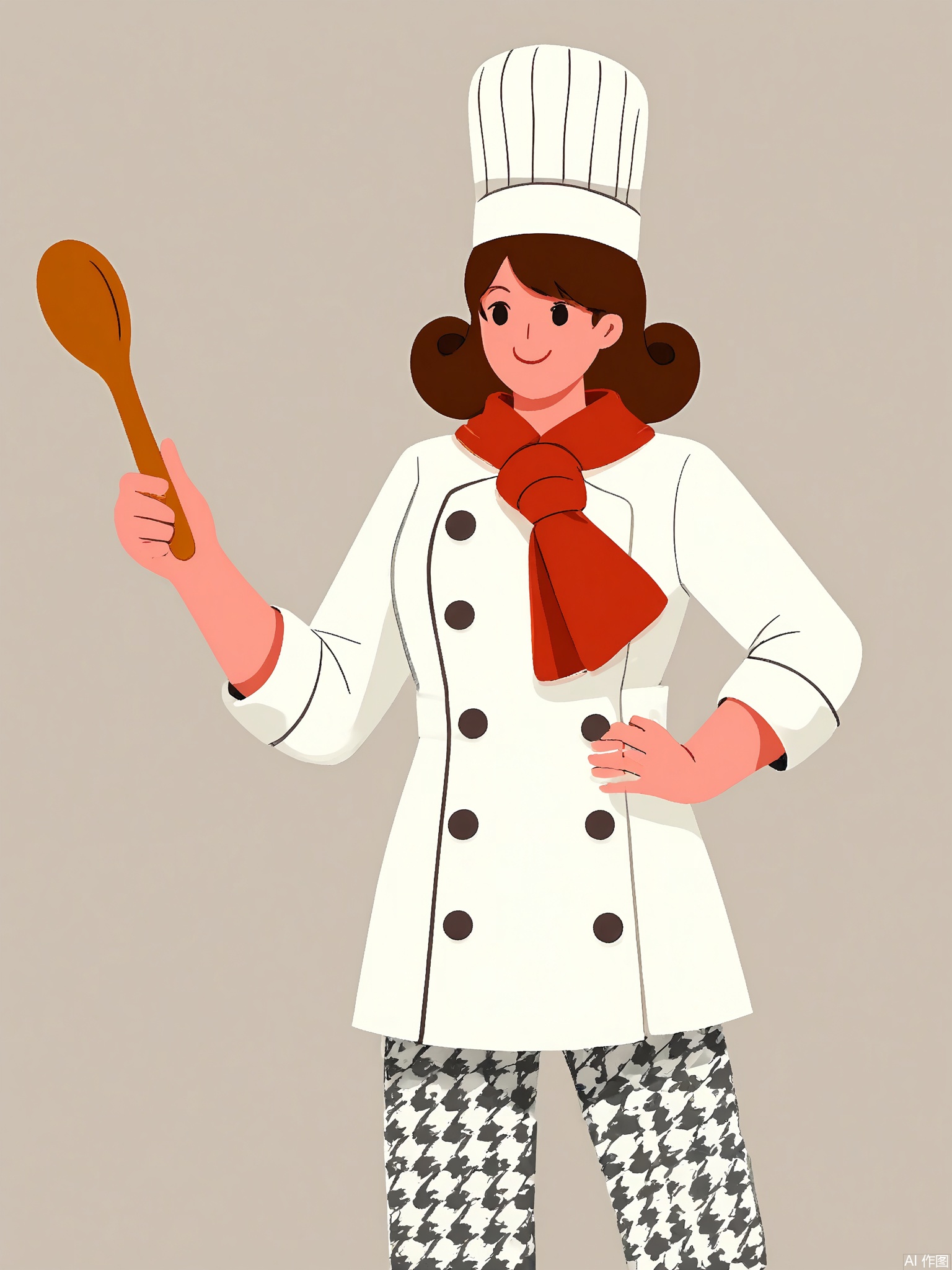 BPJS, Illustration of a female chef, medium close-up, front view, holding a wooden spoon. She wears a white double-breasted coat, red scarf, and black-and-white houndstooth pants. Background is plain white. Short curly brown hair, smiling. Simple flat shapes with minimal shading.
