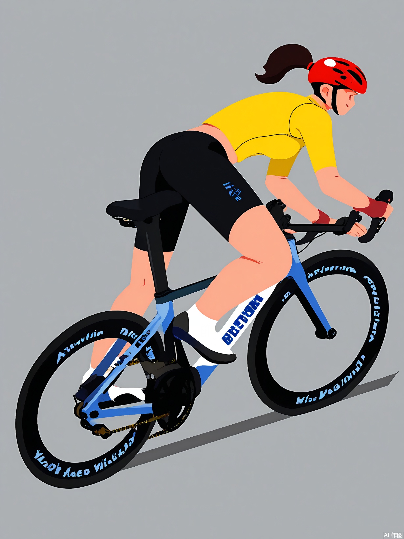BPJS, Illustration of a female cyclist, dynamic angle, full body visible, mid-pedal motion. Yellow jersey, black shorts, red helmet. Bike has white frame with blue accents. Wind-blown ponytail, energetic pose.
