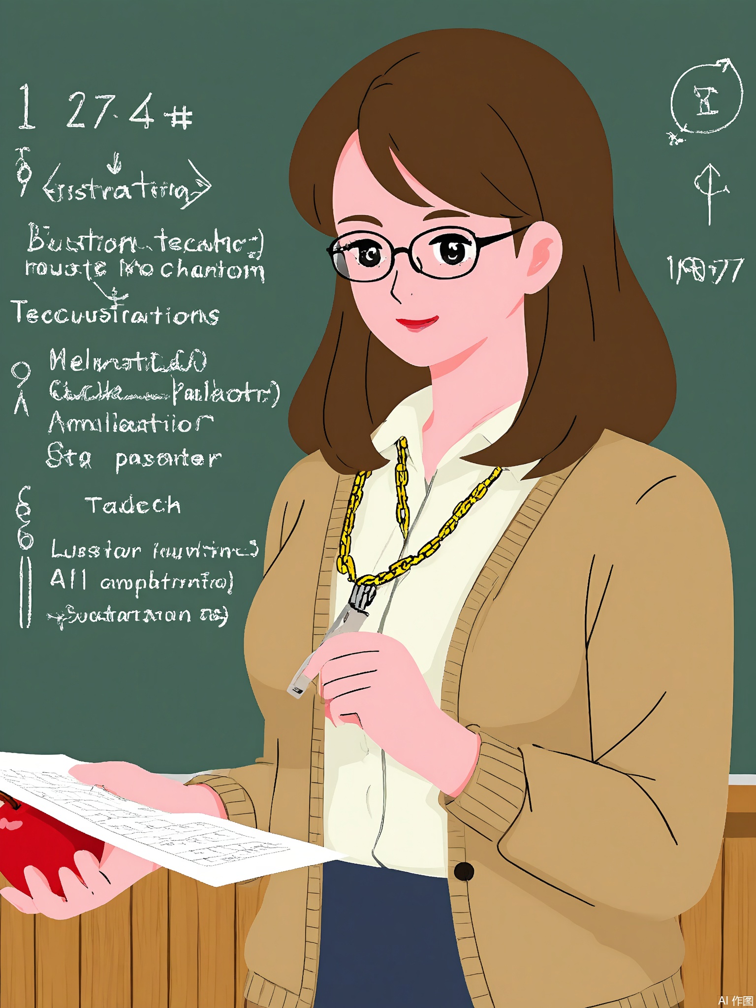 BPJS, Illustration of a female teacher, front view, holding apple. Cardigan over blouse, glasses on chain. Chalkboard background with math equations. Soft pastel palette with ruled paper texture.
