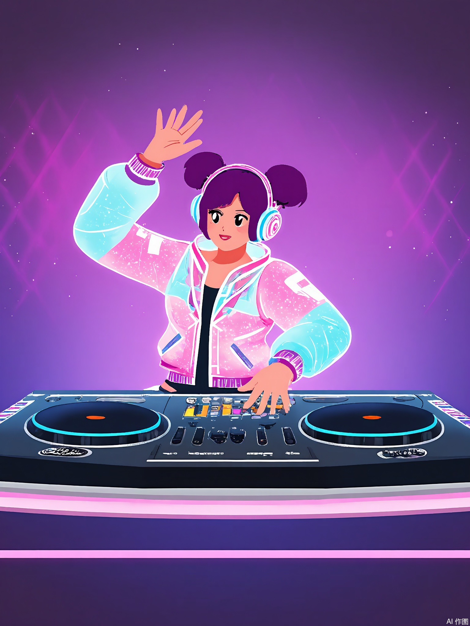 BPJS, Illustration of a female DJ, dynamic pose, mid-spin on turntable. Neon headphones, holographic jacket. Purple hair in space buns, glowing equalizer background. Retro-futuristic color scheme.
