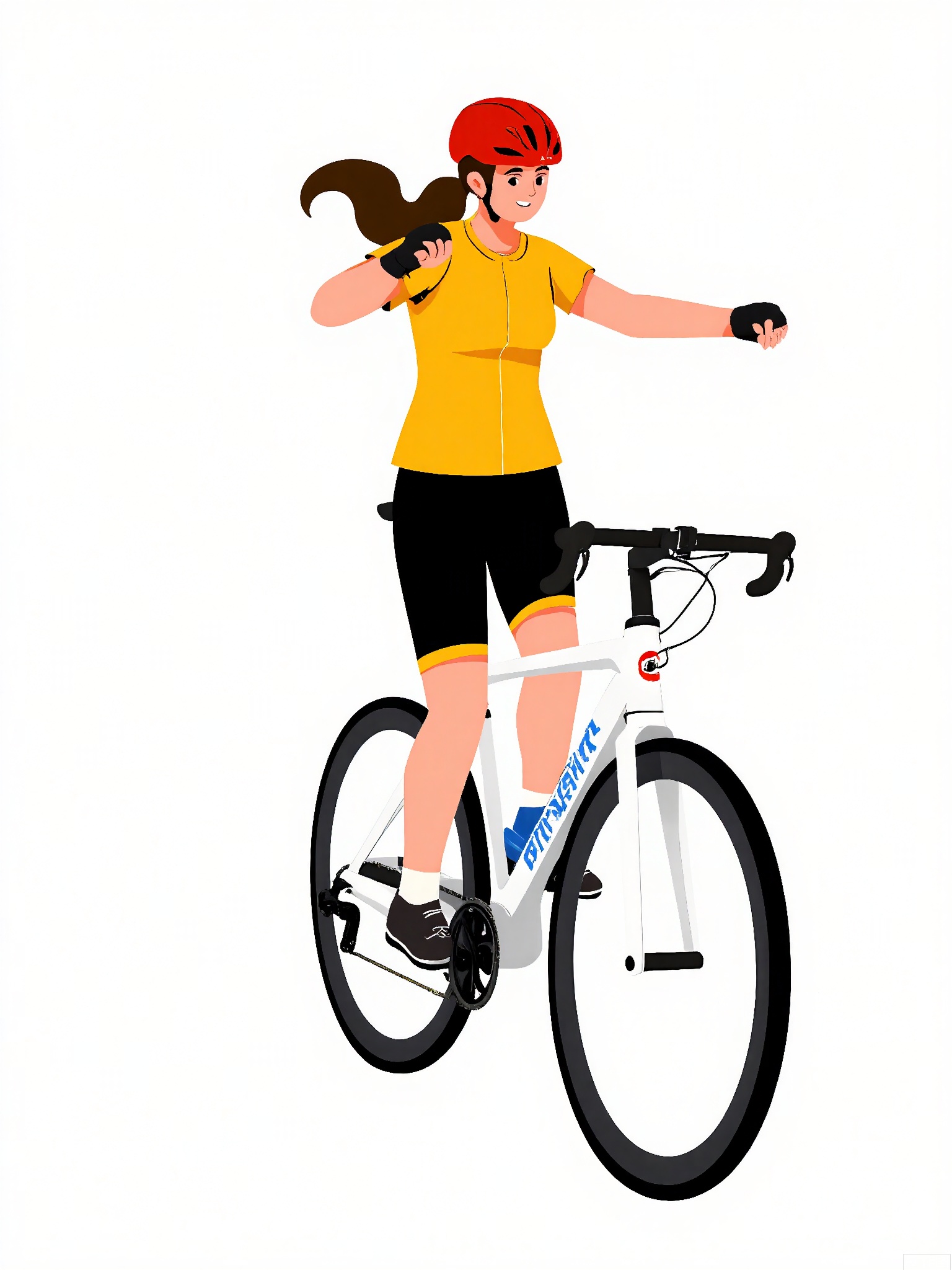 BPJS, Illustration of a female cyclist, dynamic angle, full body visible, mid-pedal motion. Yellow jersey, black shorts, red helmet. Bike has white frame with blue accents. Wind-blown ponytail, energetic pose.
