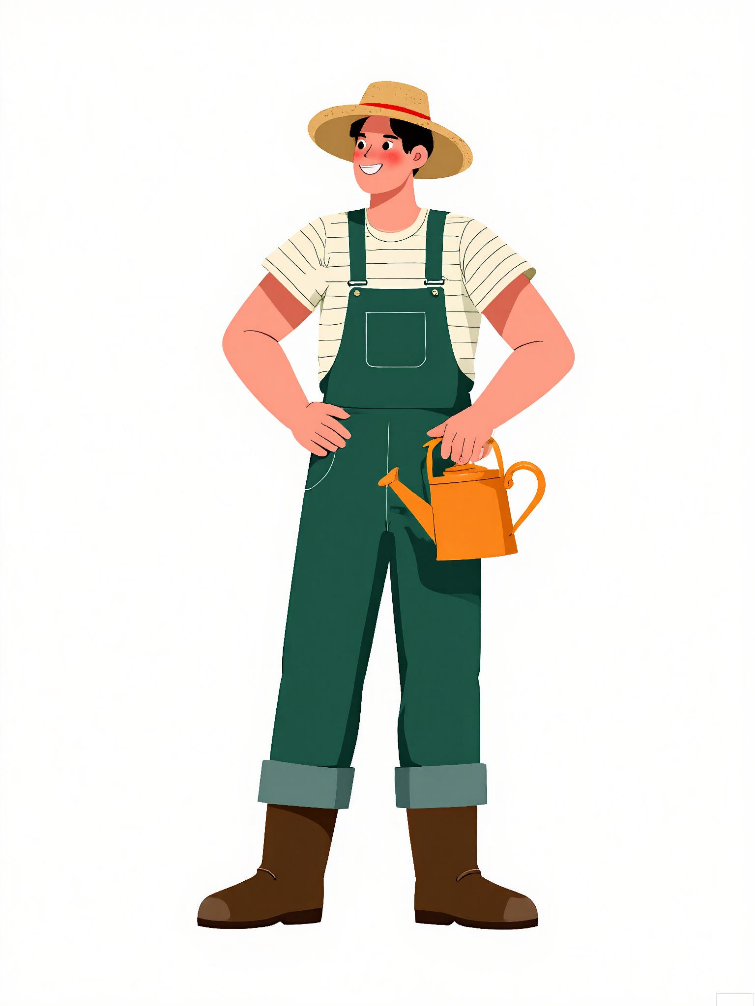 BPJS, Illustration of a male gardener, medium shot, three-quarter view, holding watering can. Wearing green overalls, striped t-shirt, and straw hat. Brown work boots, freckled face. Bold outlines with pastel color palette.

