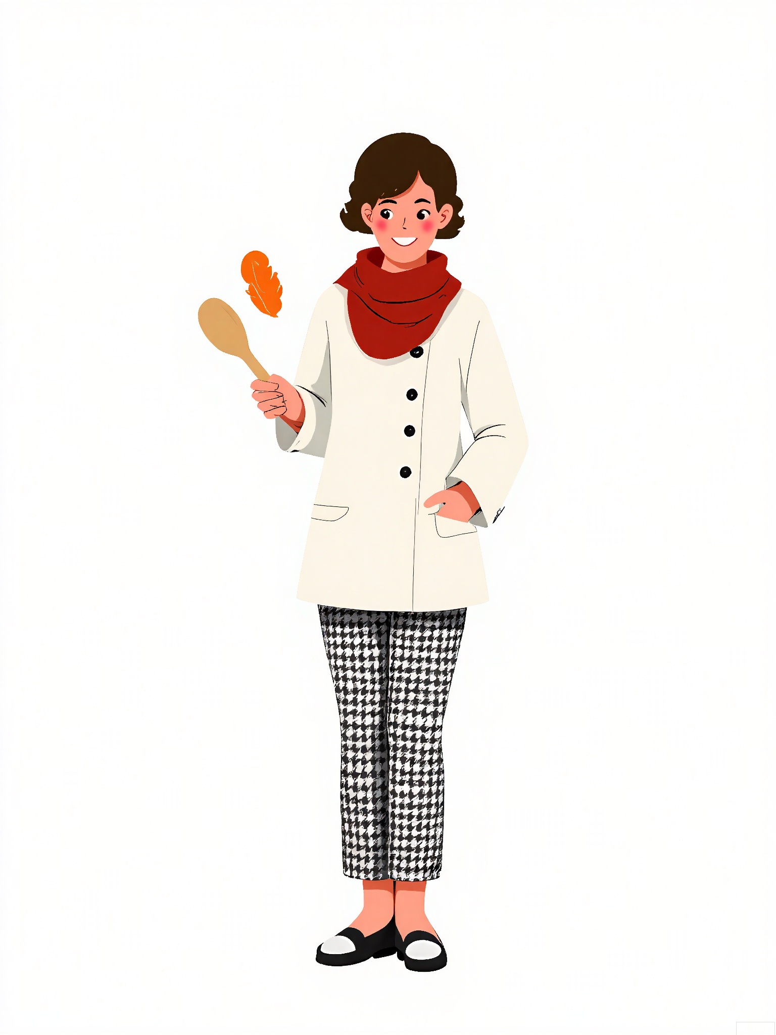 BPJS, Illustration of a female chef, medium close-up, front view, holding a wooden spoon. She wears a white double-breasted coat, red scarf, and black-and-white houndstooth pants. Background is plain white. Short curly brown hair, smiling. Simple flat shapes with minimal shading.

