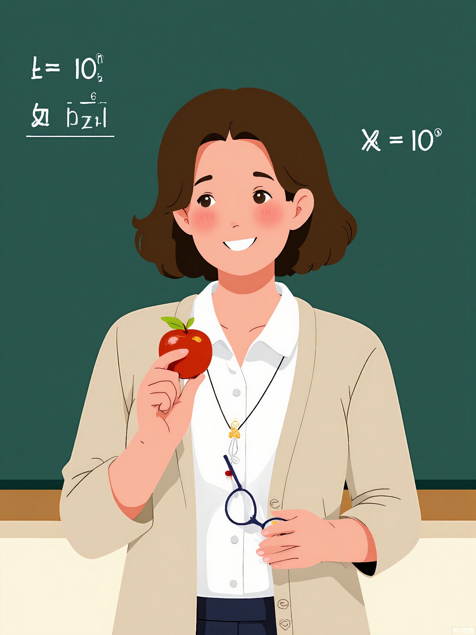 BPJS, Illustration of a female teacher, front view, holding apple. Cardigan over blouse, glasses on chain. Chalkboard background with math equations. Soft pastel palette with ruled paper texture.
