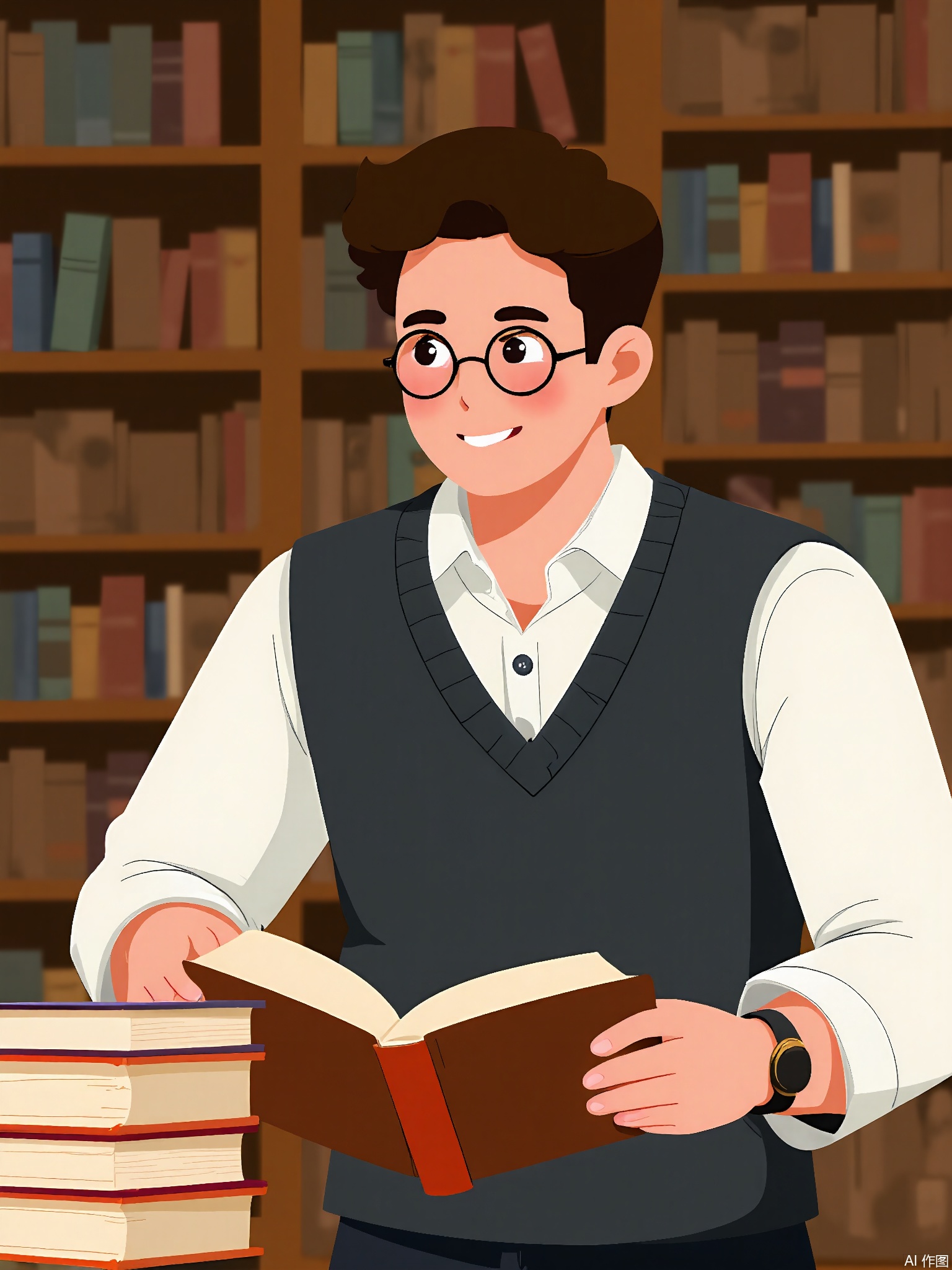 BPJS, Illustration of a male librarian, three-quarter view, holding open book. Round glasses, sweater vest over button-up shirt. Stack of books beside him. Warm earth tones with bookshelf texture background.
