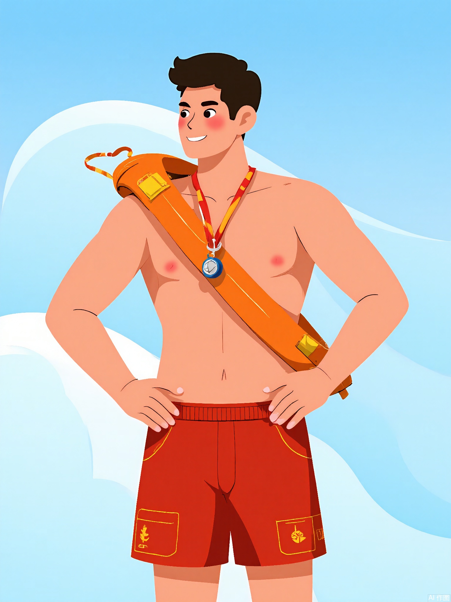 BPJS, Illustration of a male lifeguard, standing pose, whistle around neck. Red swimsuit, rescue float on shoulder. Ocean wave background in flat blue curves. Tanned skin, confident stance.
