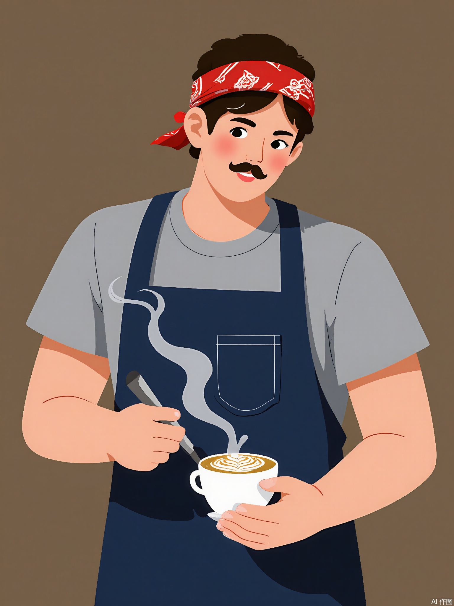 BPJS, Illustration of a male barista, medium close-up, side profile, making latte art. Navy apron over gray shirt, red bandana. Mustache, focused gaze. Flat vector style with coffee cup steam patterns.
