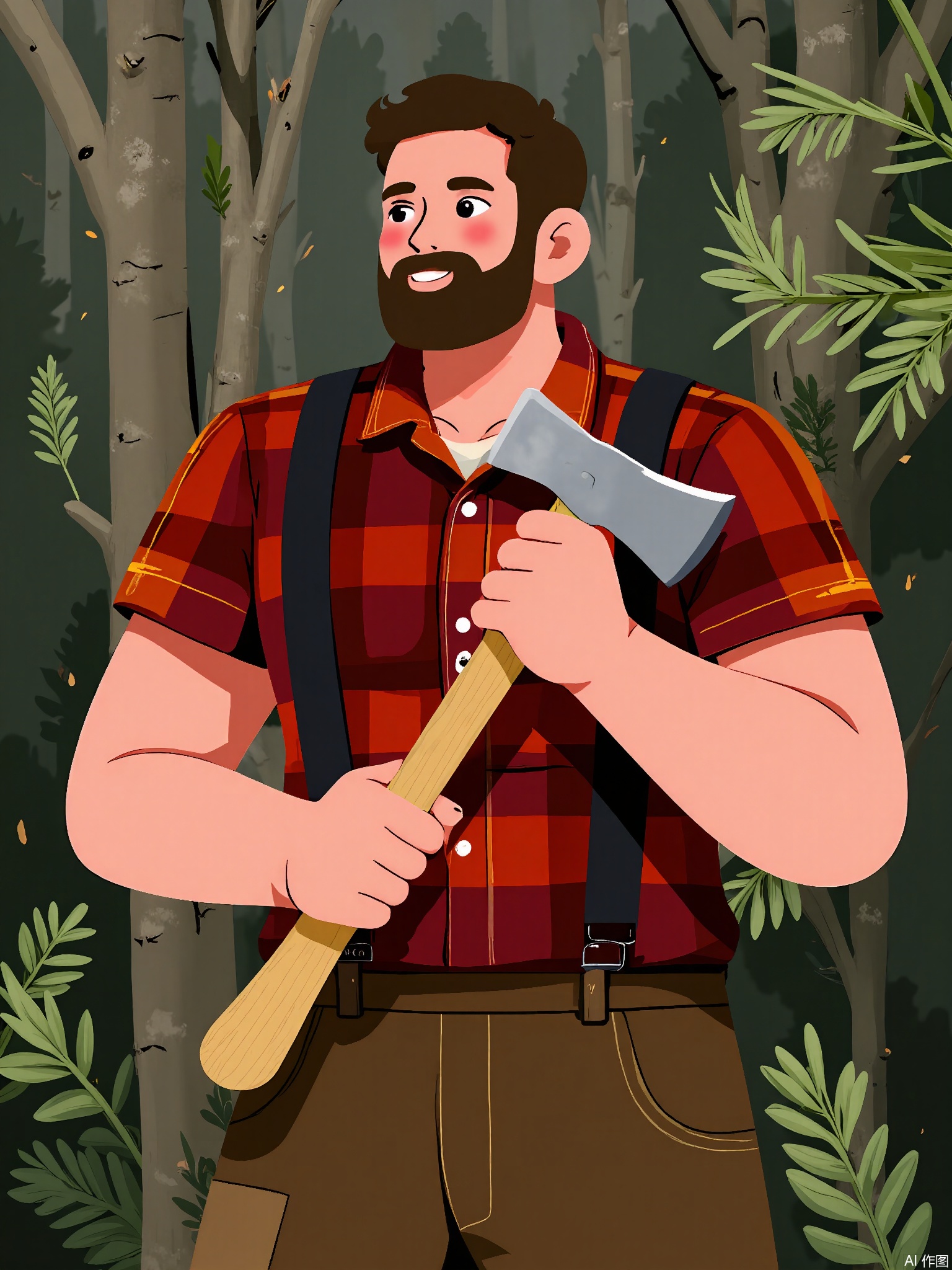 BPJS, Illustration of a male lumberjack, medium close-up, holding axe. Plaid shirt, suspenders, beard. Pine tree background with sawdust particles. Rugged texture accents.
