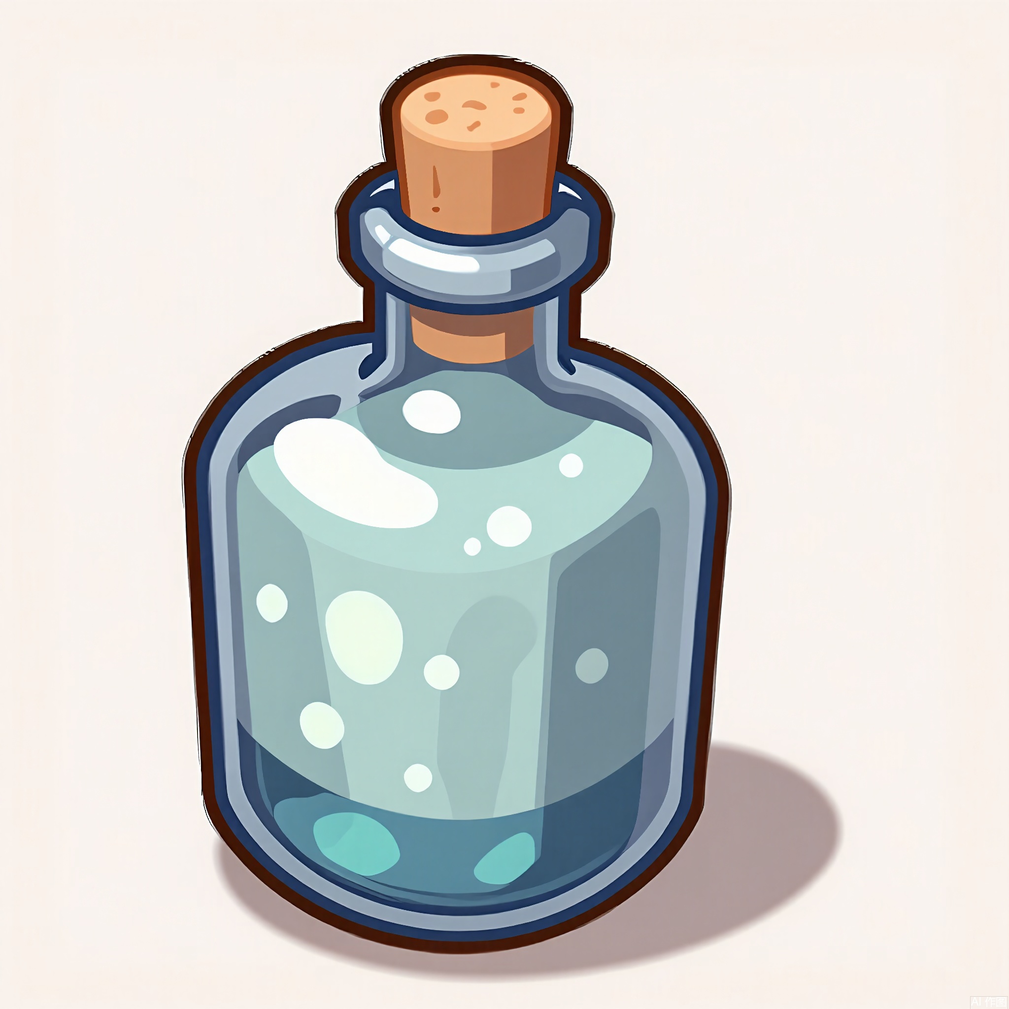 MBDJ, A digital drawing of a potion bottle with a cork stopper and a label reading "Invisibility", sitting on a plain white shelf. The liquid inside is a swirling, silver color. The bottle has small bubbles rising to the surface. The style is cartoony and mysterious, with clean lines and a subtle glow effect. A shadow under the bottle suggests a light from above.
