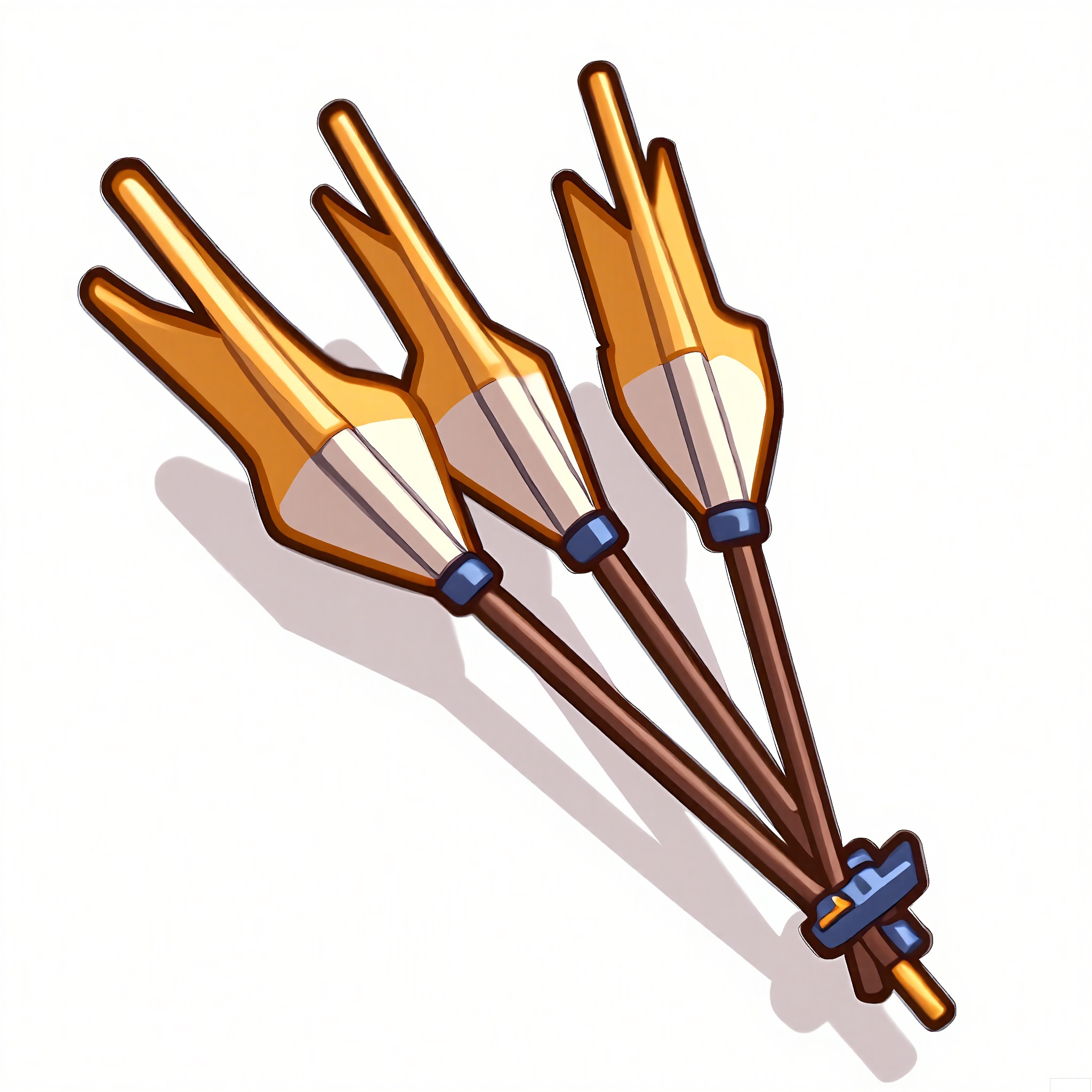 MBDJ, A digital drawing of a set of archery arrows with feather fletchings and golden tips, lying on a plain white target. The arrows are arranged in a neat row, with one sticking out of the center of the target. The style is cartoony and sporty, with clean lines and a bright color scheme. Shadows under the arrows show their position on the target.
