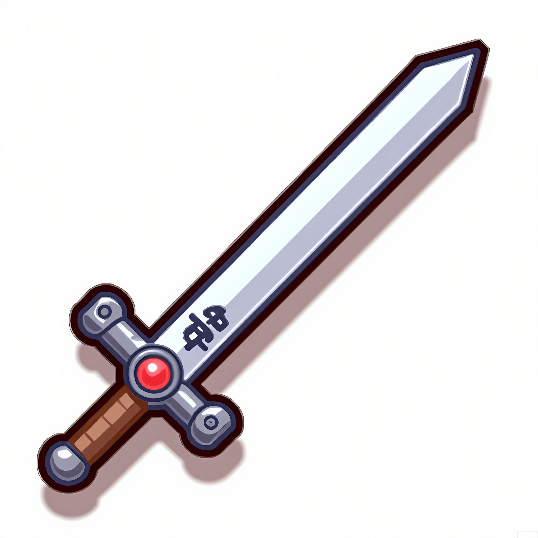 MBDJ, A digital drawing of a shiny silver sword with a jeweled hilt, placed on a plain white surface. The blade has a slight curve and is etched with mystical symbols. The hilt features a large, red gemstone at the pommel. The style is cartoonish and detailed, with clean outlines and a touch of metallic sheen. A shadow casts from the sword, indicating a light from above.
