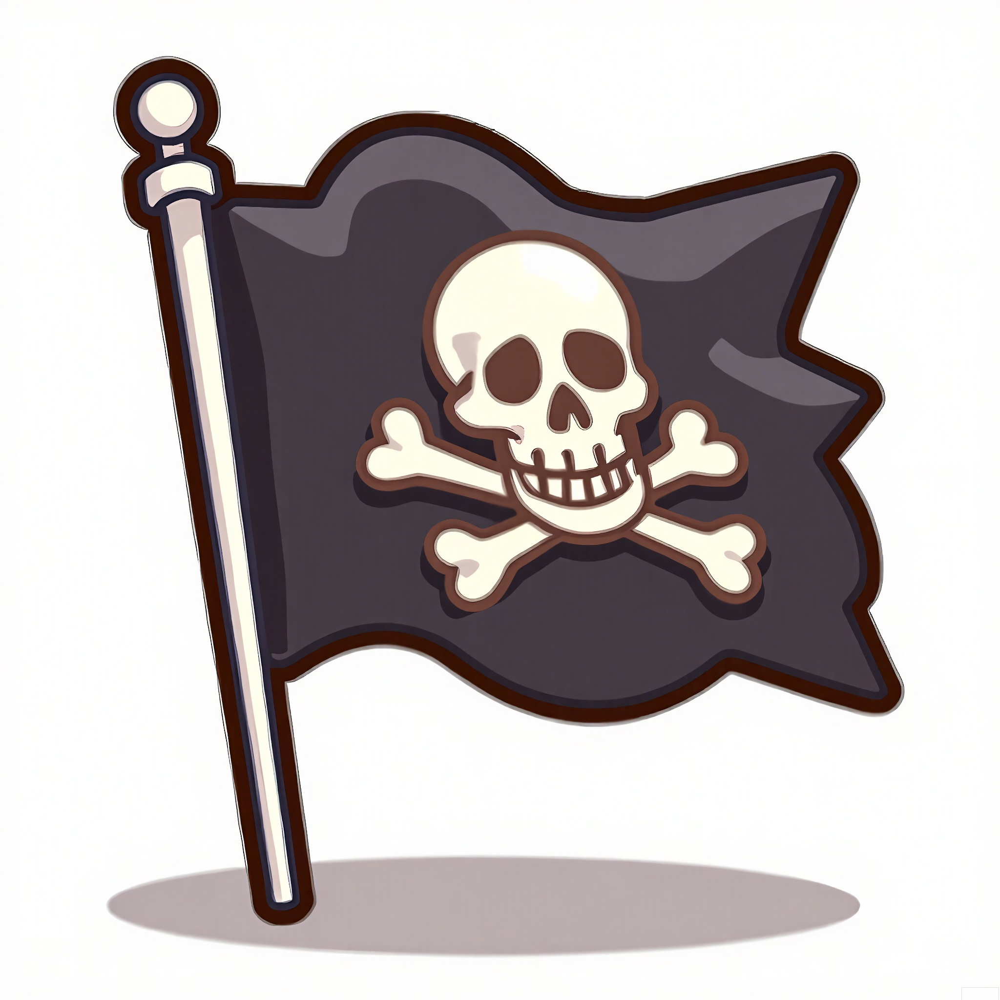 MBDJ, A digital drawing of a pirate's flag with a skull and crossbones emblem, flying from a plain white mast. The flag has a tattered appearance and flutters in an imaginary wind. The style is cartoony and rebellious, with bold colors and a dynamic design. A shadow under the flag suggests a light source from the side.
