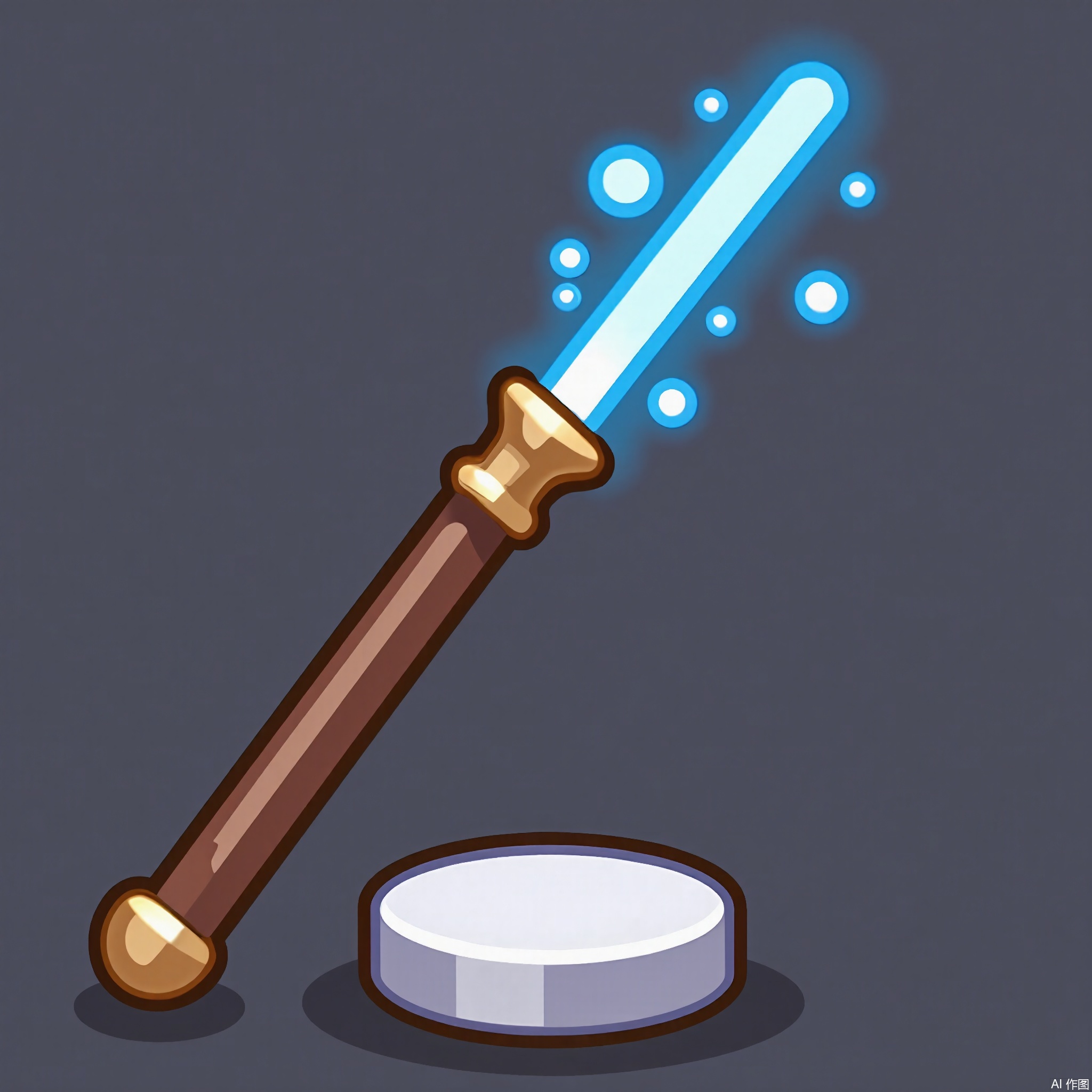 MBDJ, A digital drawing of a wizard's wand with a curved handle and a glowing tip, placed on a plain white pedestal. The wand emits a soft, blue light, and the handle is wrapped in a leather grip. The style is cartoony and magical, with smooth lines and a mystical aura. A shadow beneath the wand gives it a sense of importance.
