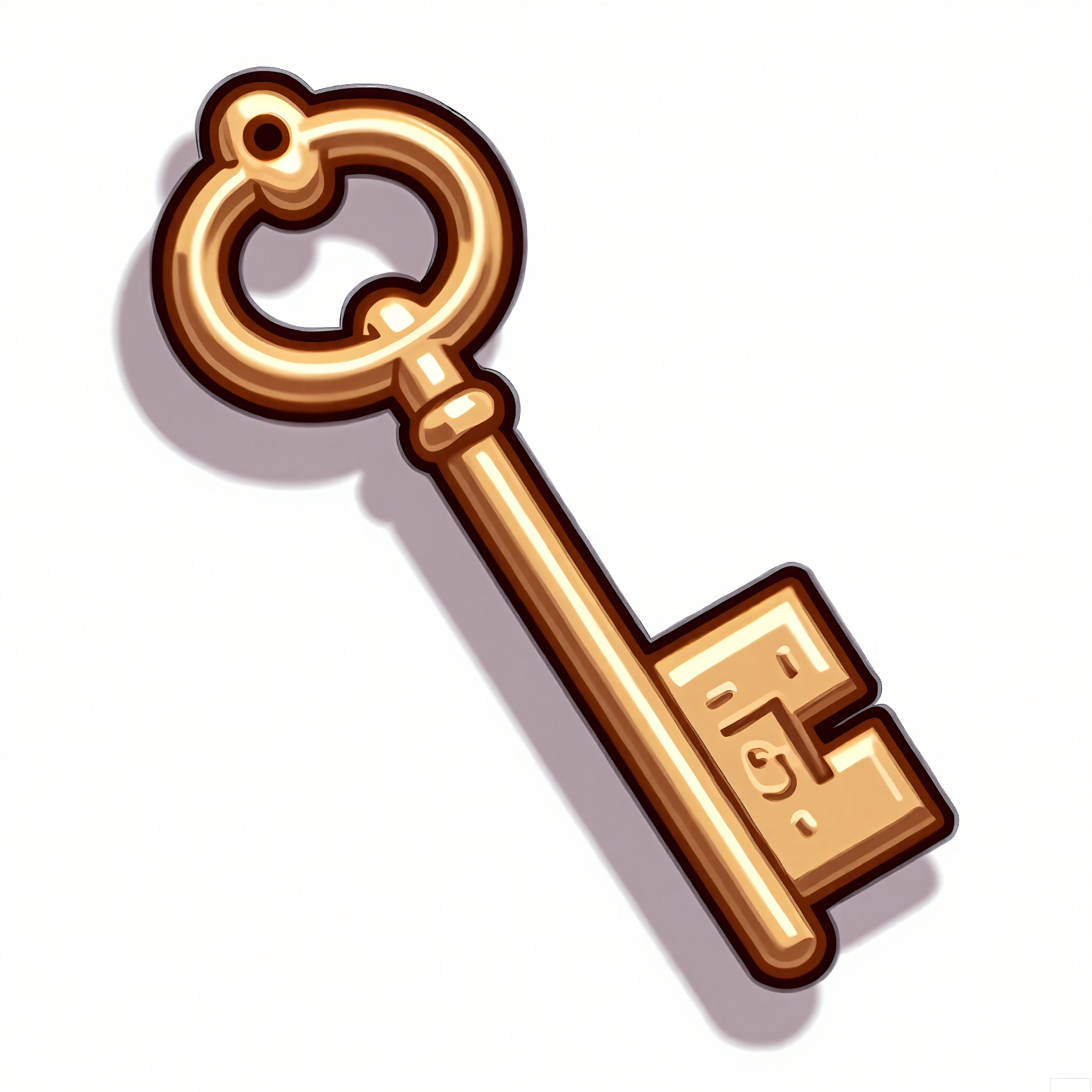 MBDJ, A digital drawing of a treasure chest key with an ornate handle and a long, twisted shaft, placed on a plain white surface. The key has a golden hue and is engraved with small symbols. The style is cartoony and detailed, with smooth lines and a shiny finish. A shadow beneath the key indicates the light source.
