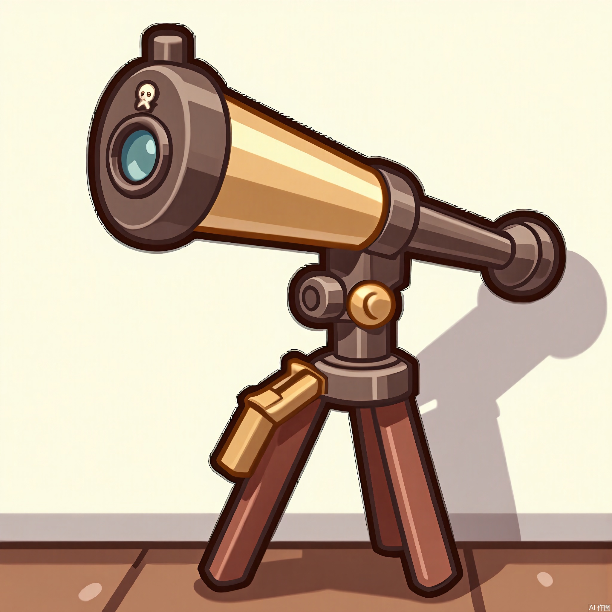 MBDJ, A digital drawing of a pirate's telescope with a brass body and a leather grip, leaning against a plain white wall. The telescope has a small, magnifying lens at one end and is decorated with a skull and crossbones emblem. The style is cartoony and adventurous, with detailed textures and a warm color palette. A shadow casts from the telescope, indicating the light's direction.
