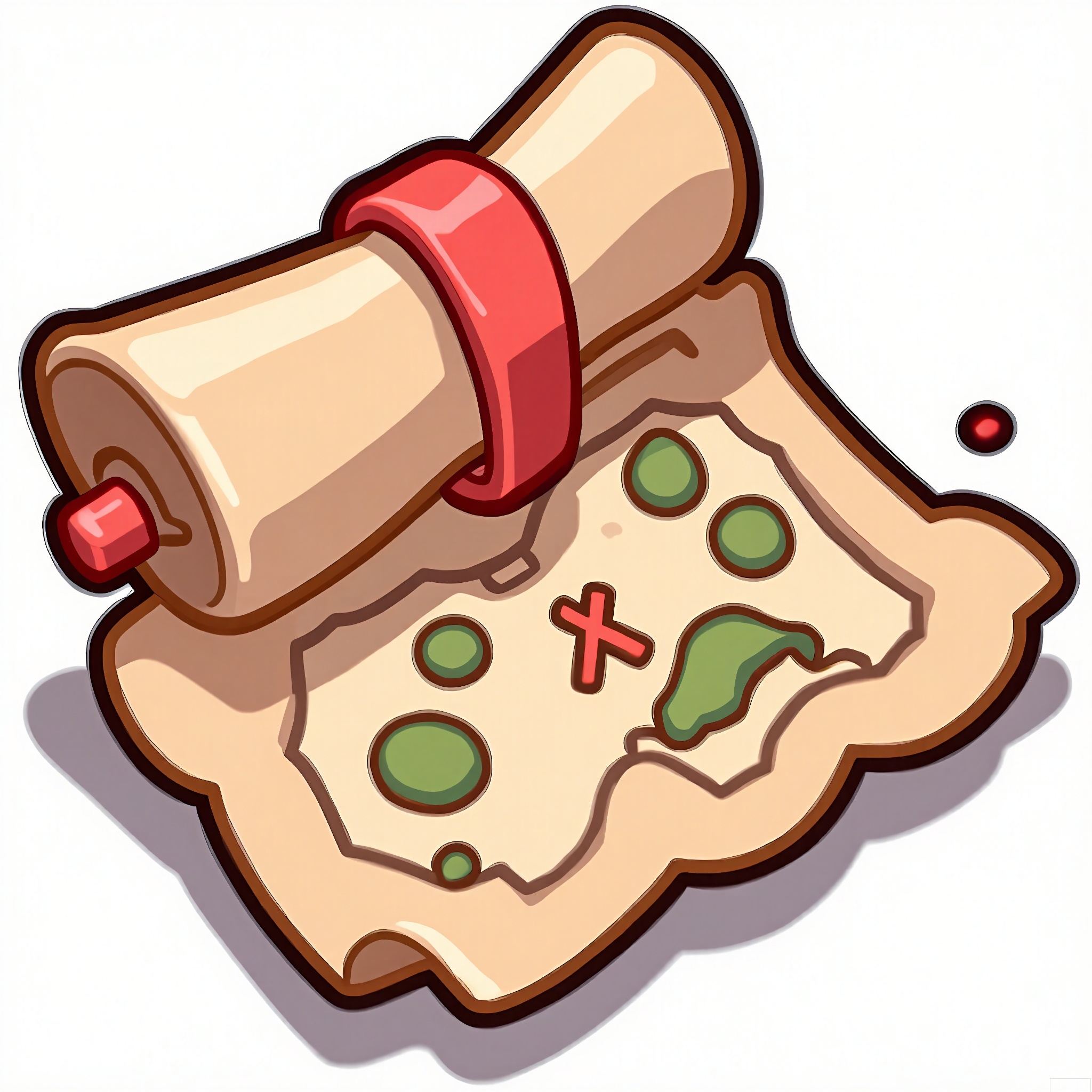 MBDJ, A digital drawing of a treasure map rolled up and tied with a red ribbon, lying on a plain white sheet. The map has faded edges and is marked with an "X" in a mysterious location. There are also small illustrations of islands and sea monsters. The style is cartoonish and nostalgic, with rough lines and a sepia-toned effect. A shadow under the map gives it a three-dimensional feel.
