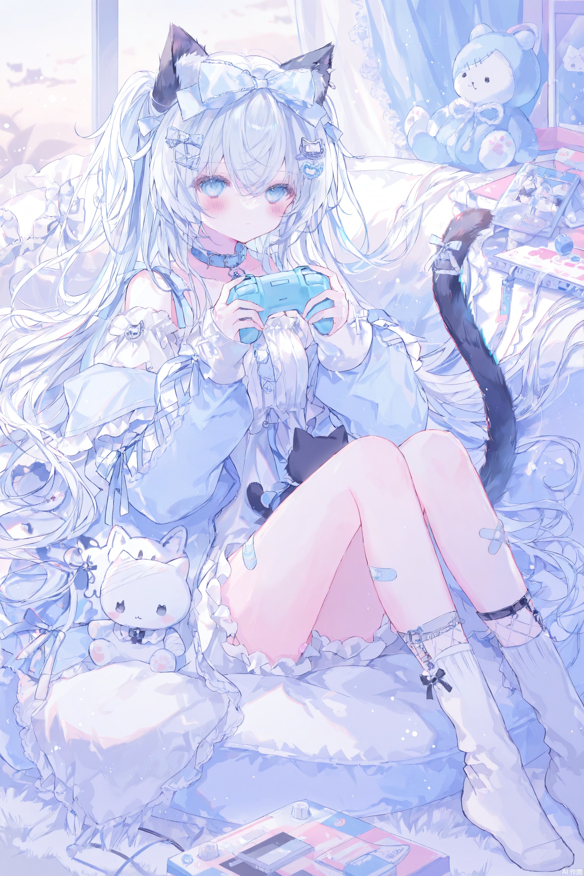 1girl, solo, long hair, looking at viewer, blush, bangs, blue eyes, hair ornament, long sleeves, bow, holding, animal ears, hair between eyes, bare shoulders, very long hair, blue hair, jacket, tail, white hair, hair bow, detached sleeves, socks, hairclip, puffy sleeves, cat ears, off shoulder, collar, cat tail, animal ear fluff, sleeves past wrists, piercing, stuffed toy, stuffed animal, cat girl, white socks, bandaid, puffy long sleeves, controller, game controller, bandaid on leg