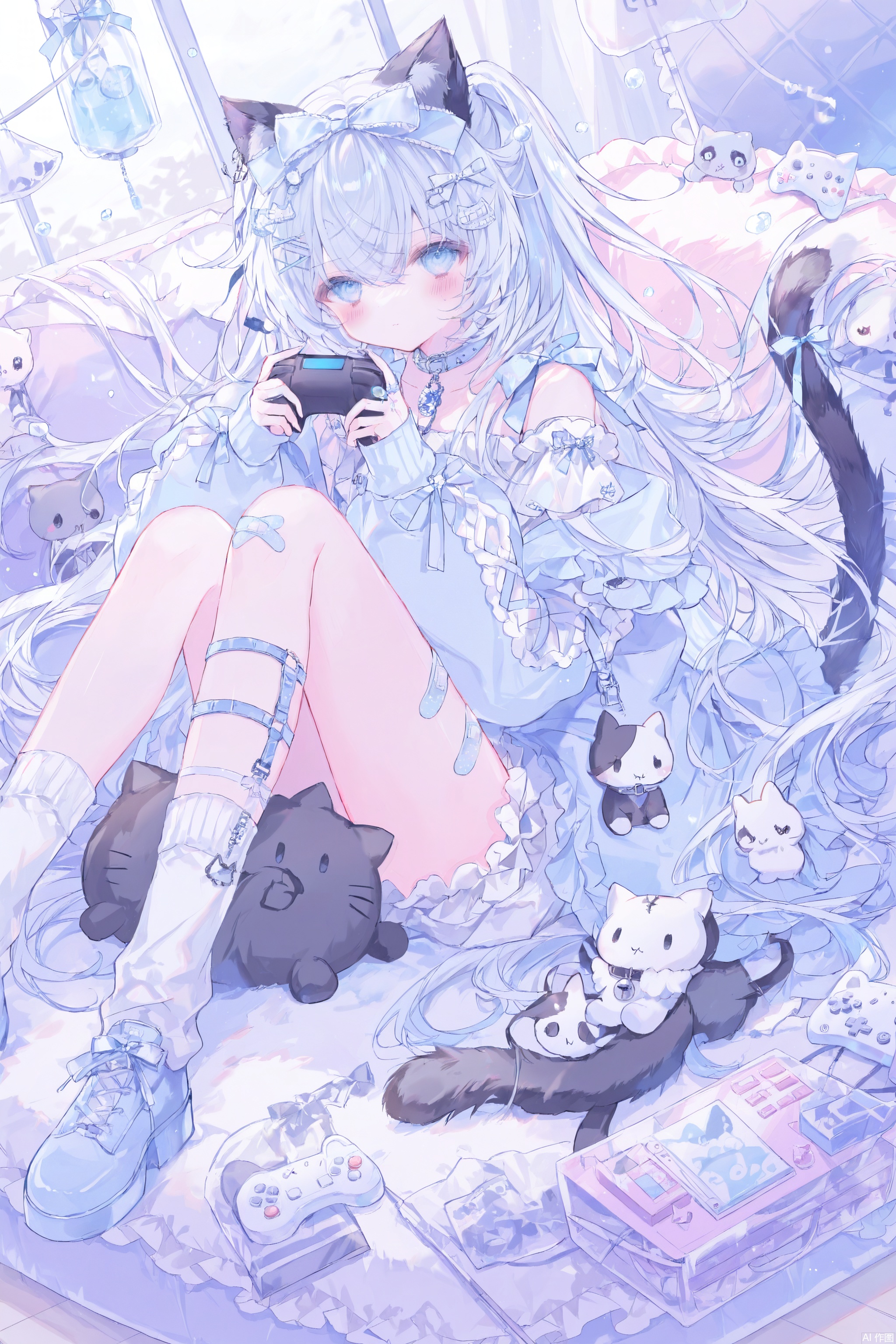 1girl, solo, long hair, looking at viewer, blush, bangs, blue eyes, hair ornament, long sleeves, bow, holding, animal ears, hair between eyes, bare shoulders, very long hair, blue hair, jacket, tail, white hair, hair bow, detached sleeves, socks, hairclip, puffy sleeves, cat ears, off shoulder, collar, cat tail, animal ear fluff, sleeves past wrists, piercing, stuffed toy, stuffed animal, cat girl, white socks, bandaid, puffy long sleeves, controller, game controller, bandaid on leg