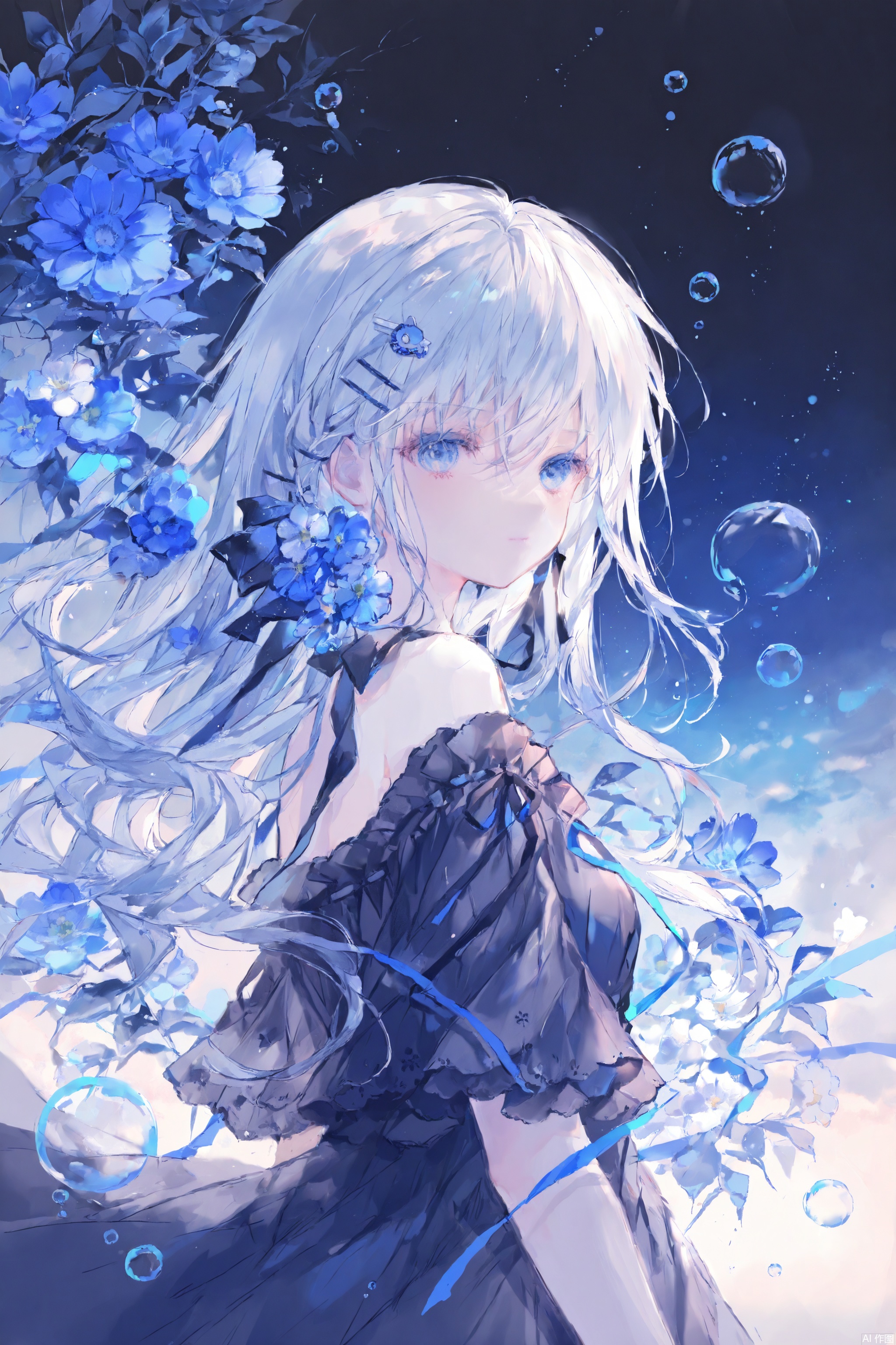 1girl, solo, long hair, looking at viewer, bangs, blue eyes, hair ornament, dress, ribbon, hair between eyes, bare shoulders, closed mouth, upper body, flower, white hair, hairclip, off shoulder, black dress, from side, bubble, blue flower, off-shoulder dress