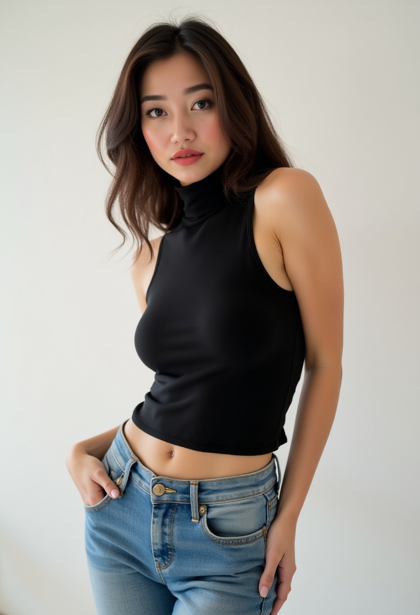 photorealistic portrait of margar3t4,  a ravishing young woman poised in a photoshoot studio,  her elegance captured in a...