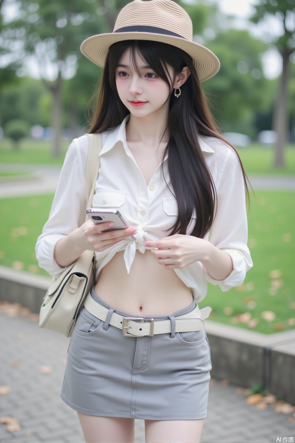 1girl, solo, long hair, skirt, shirt, black hair, hat, navel, holding, jewelry, standing, earrings, outdoors, belt, bag, lips, feet out of frame, phone, cellphone, smartphone, grey skirt, holding phone, handbag