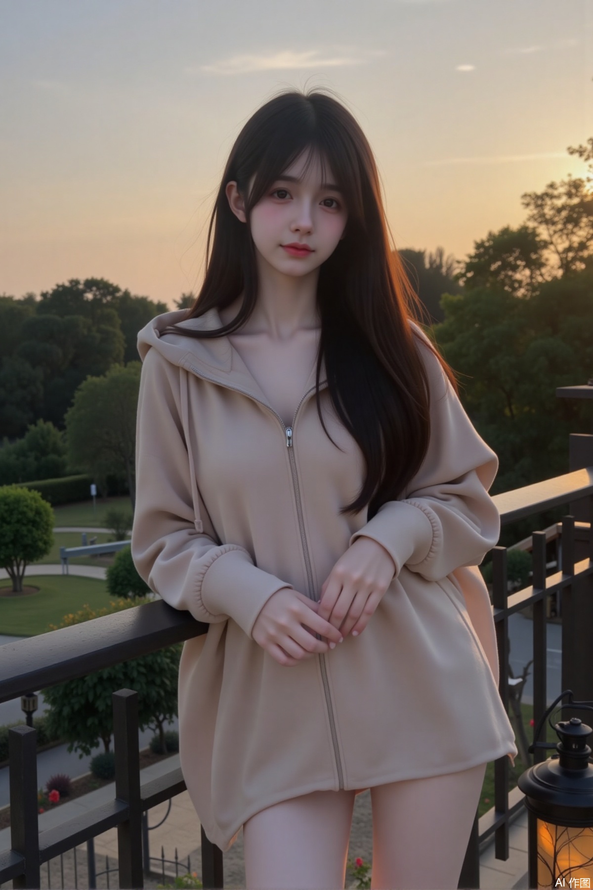On the romantic balcony of the estate at dusk, a young Asian woman with long, straight black hair and a dreamy expression stands near the railing. Her hair is gently tousled by the evening breeze, adding a softness to her appearance. She is wearing a borrowed long hoodie in a soft beige, which enhances her delicate features. The hoodie is slightly open, revealing her long sleeves and a hint of her collarbone. Her posture is graceful as she leans against the railing, one hand holding a small lantern while the other rests on her hip. Her thighs are subtly visible, adding a sense of innocence and allure. The shot is taken from a front angle, capturing her full figure against the backdrop of the setting sun and the estate's lush gardens below, creating a magical, romantic atmosphere.