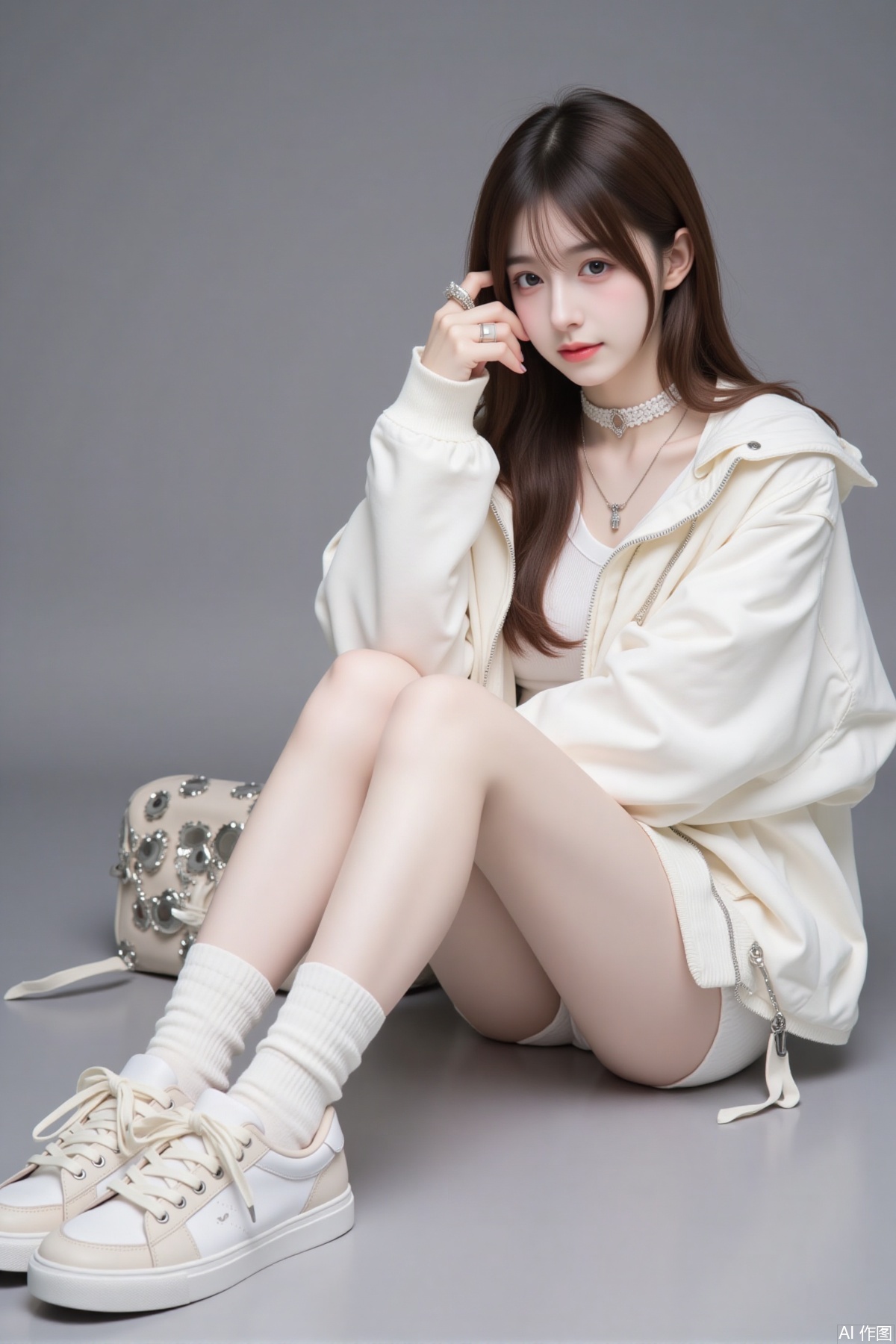 1girl,solo,long hair,looking at viewer,brown hair,long sleeves,jewelry,sitting,jacket,full body,shoes,choker,socks,necklace,bag,black eyes,lips,white footwear,ring,white jacket,white socks,sneakers,realistic