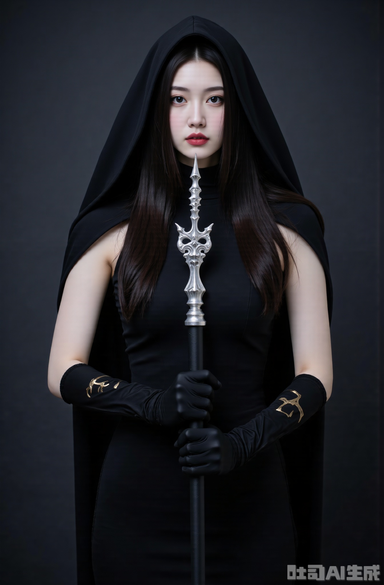 1girl, solo, weapon, black hair, hood, long hair, looking at viewer, red lips, holding, holding weapon, dress, black dress, black eyes, breasts, pale skin, gloves, lipstick, makeup, polearm, lips, gauntlets