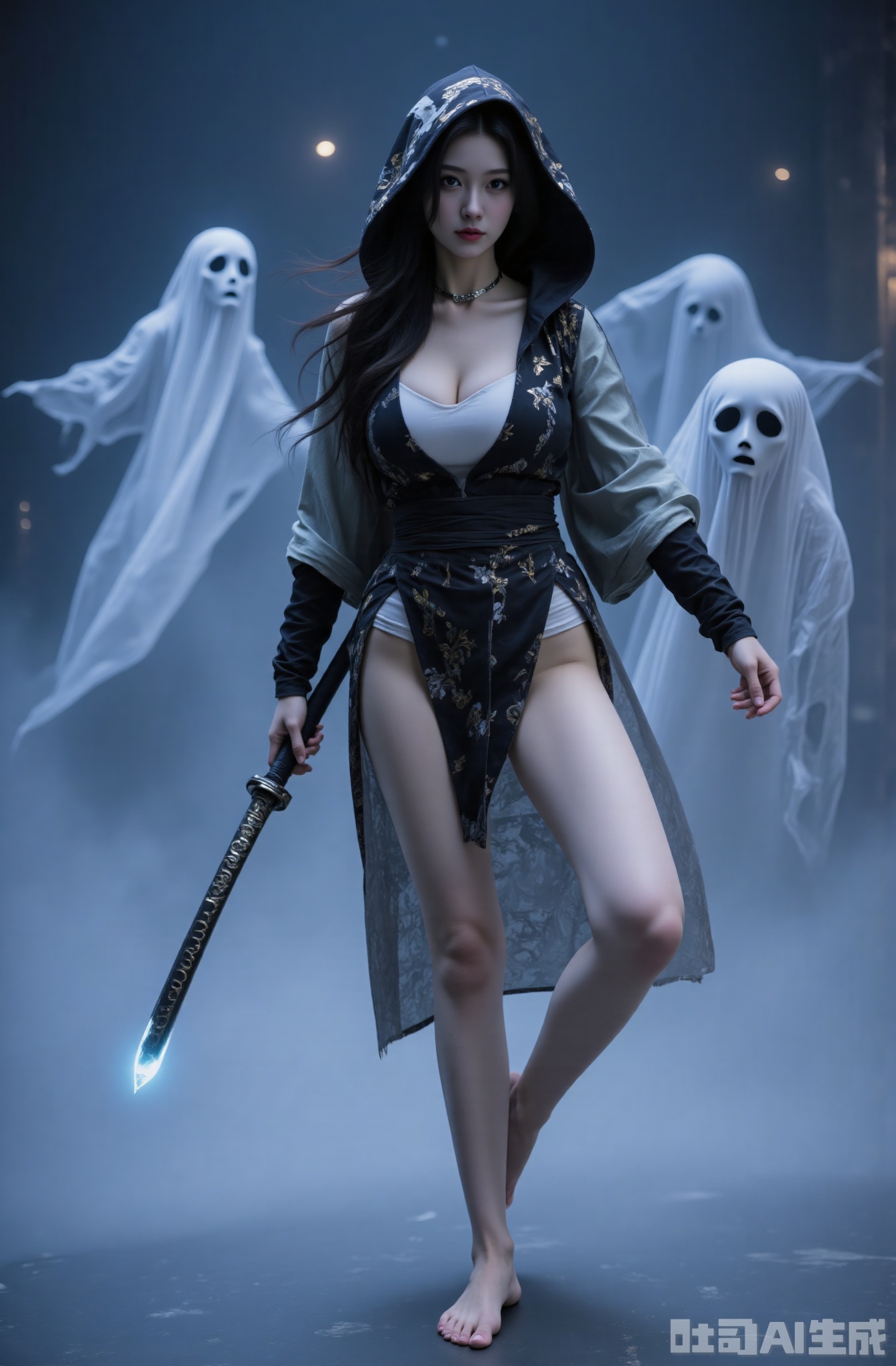 1girl, weapon, sword, breasts, black hair, barefoot, katana, hood, holding, long hair, sheath, solo, unsheathing, black eyes, holding weapon, holding sword, lips, collarbone, ghost, glowing weapon