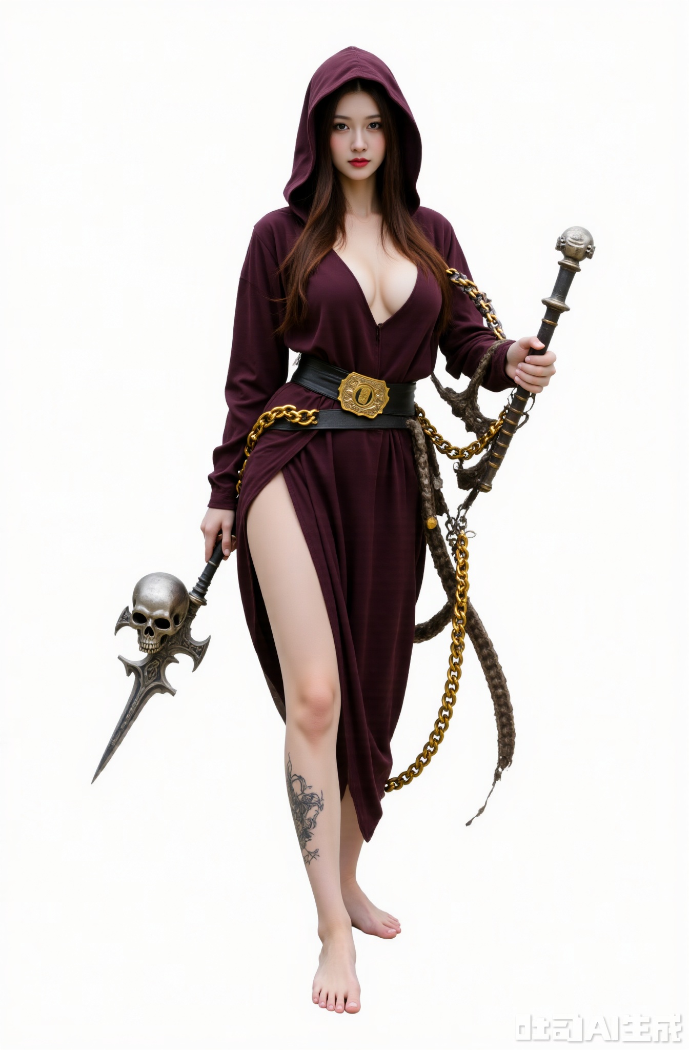 1girl, barefoot, chain, skull, hood, weapon, long hair, holding, breasts, dirty, holding weapon, dirty feet, looking at viewer, tattoo, lion, glowing eyes, glowing, jewelry, brown hair, gold chain, standing, dress, red lips, belt, black hair