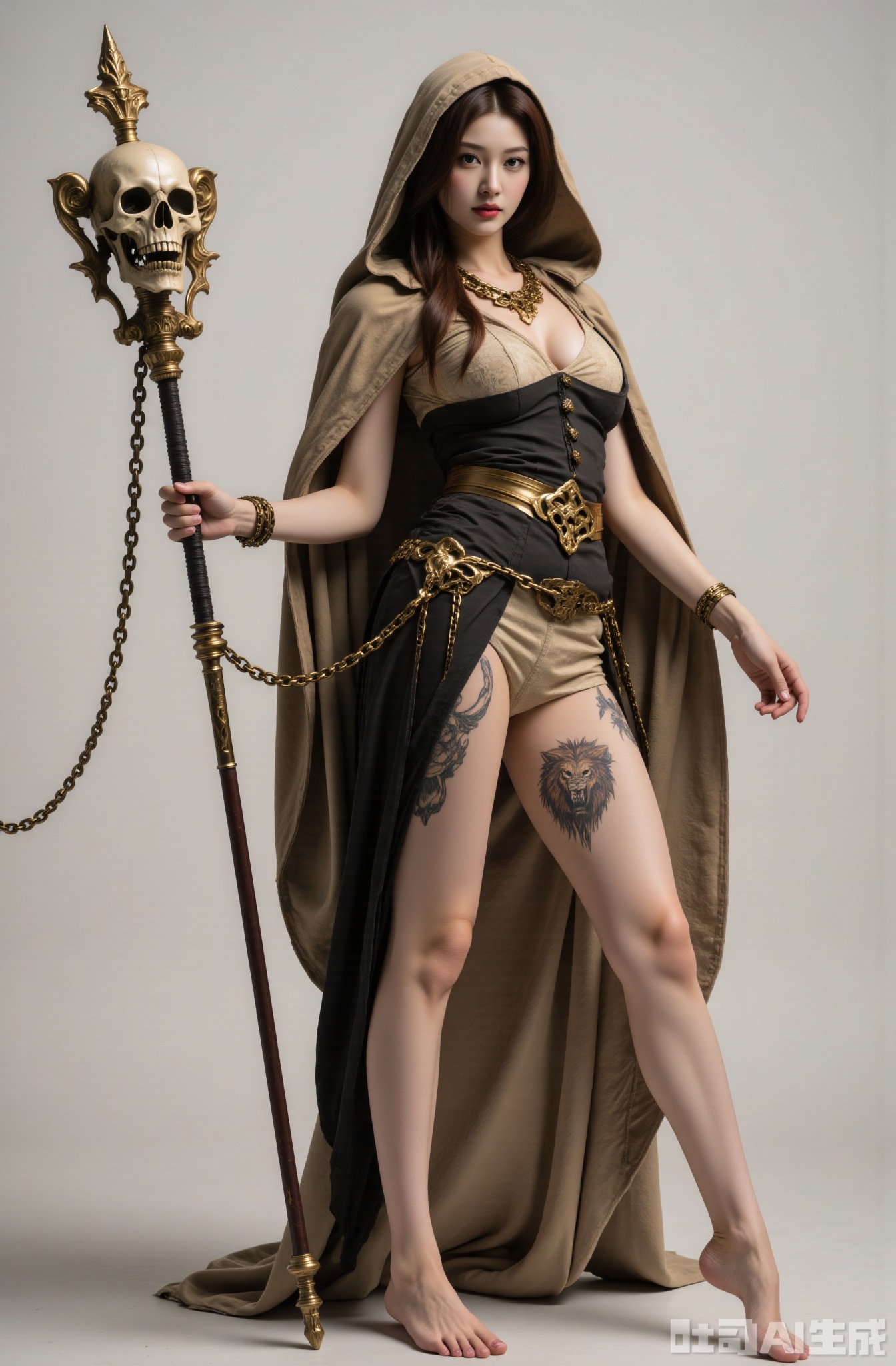 1girl, barefoot, chain, skull, hood, weapon, long hair, holding, breasts, dirty, holding weapon, dirty feet, looking at viewer, tattoo, lion, glowing eyes, glowing, jewelry, brown hair, gold chain, standing, dress, red lips, belt, black hair