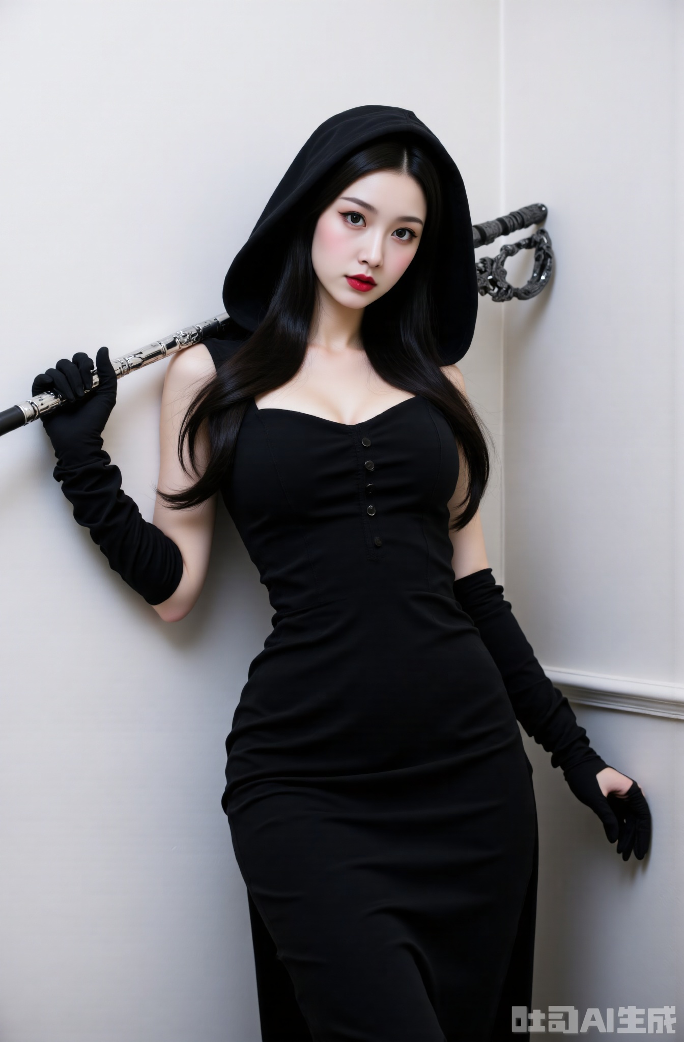 1girl, solo, weapon, black hair, hood, long hair, looking at viewer, red lips, holding, holding weapon, dress, black dress, black eyes, breasts, pale skin, gloves, lipstick, makeup, polearm, lips, gauntlets