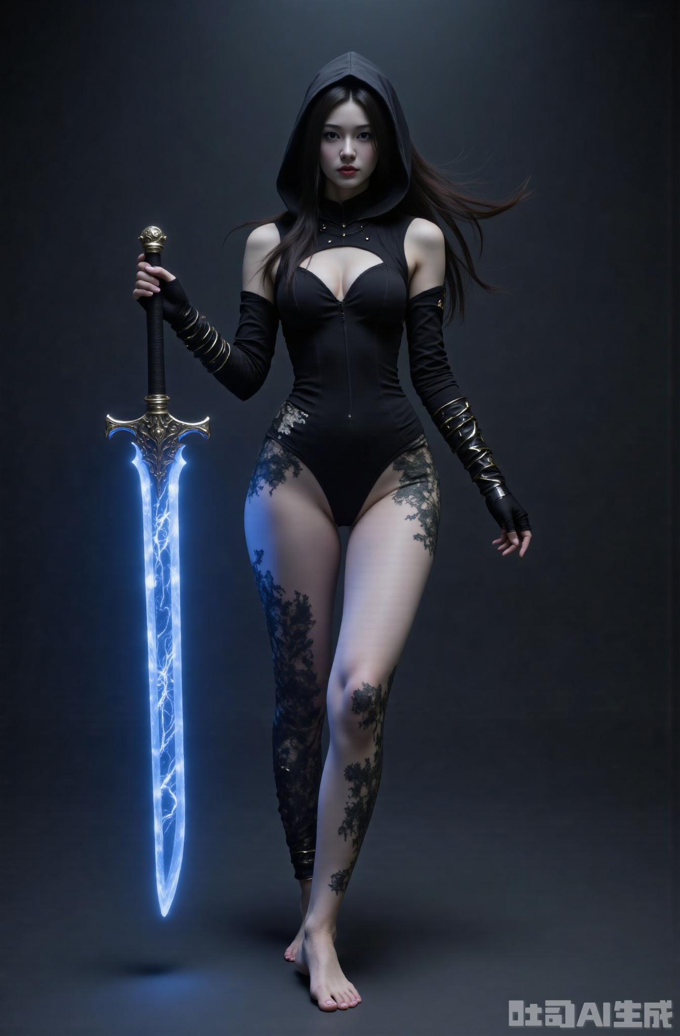 1girl, weapon, solo, sword, hood, black hair, barefoot, holding, long hair, holding weapon, dirty, leotard, holding sword, full body, glowing weapon, hood up, dirty feet, armor, looking at viewer, energy sword, breasts, pale skin, lips, black leotard, gauntlets, standing