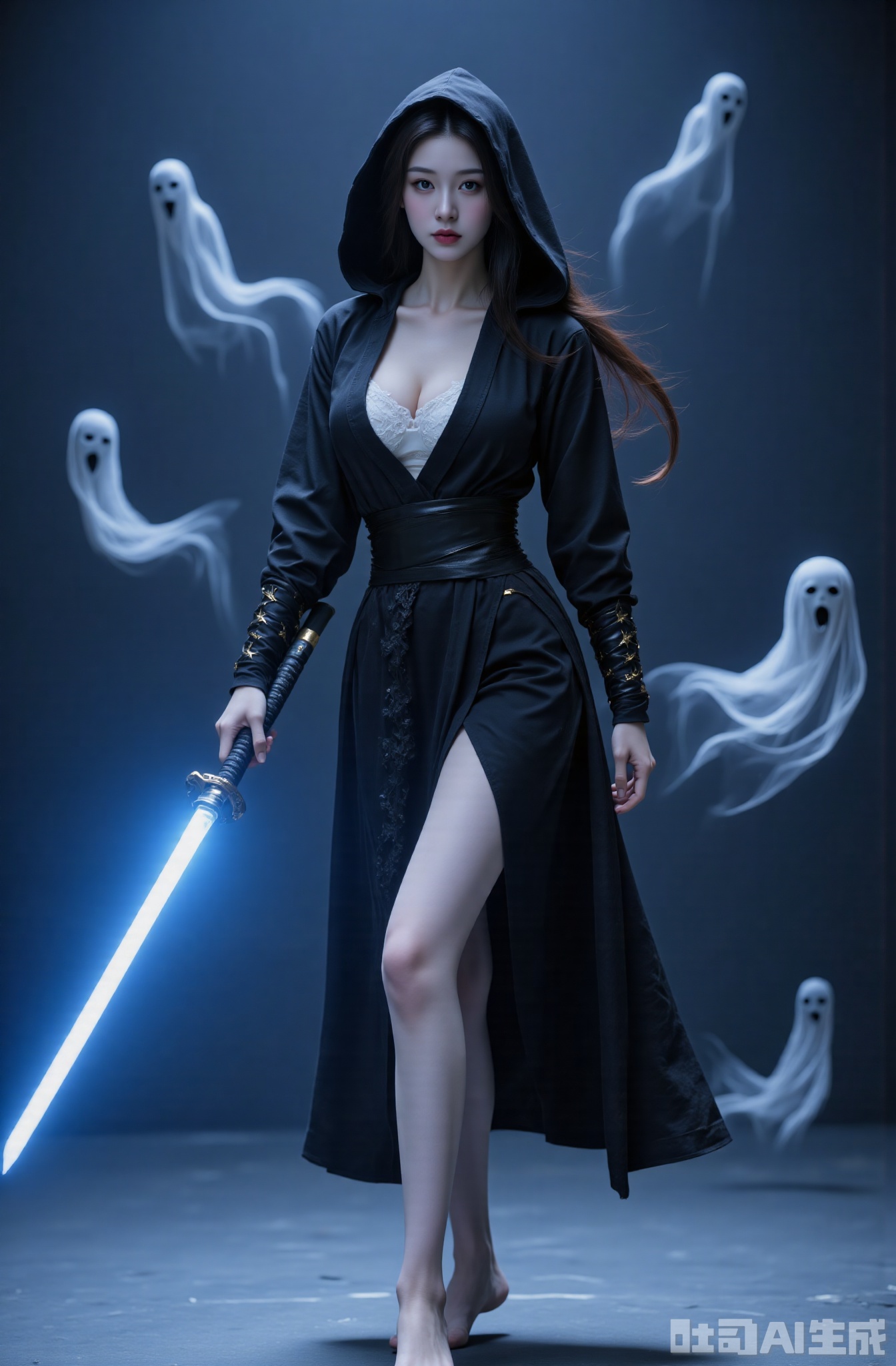 1girl, weapon, sword, breasts, black hair, barefoot, katana, hood, holding, long hair, sheath, solo, unsheathing, black eyes, holding weapon, holding sword, lips, collarbone, ghost, glowing weapon