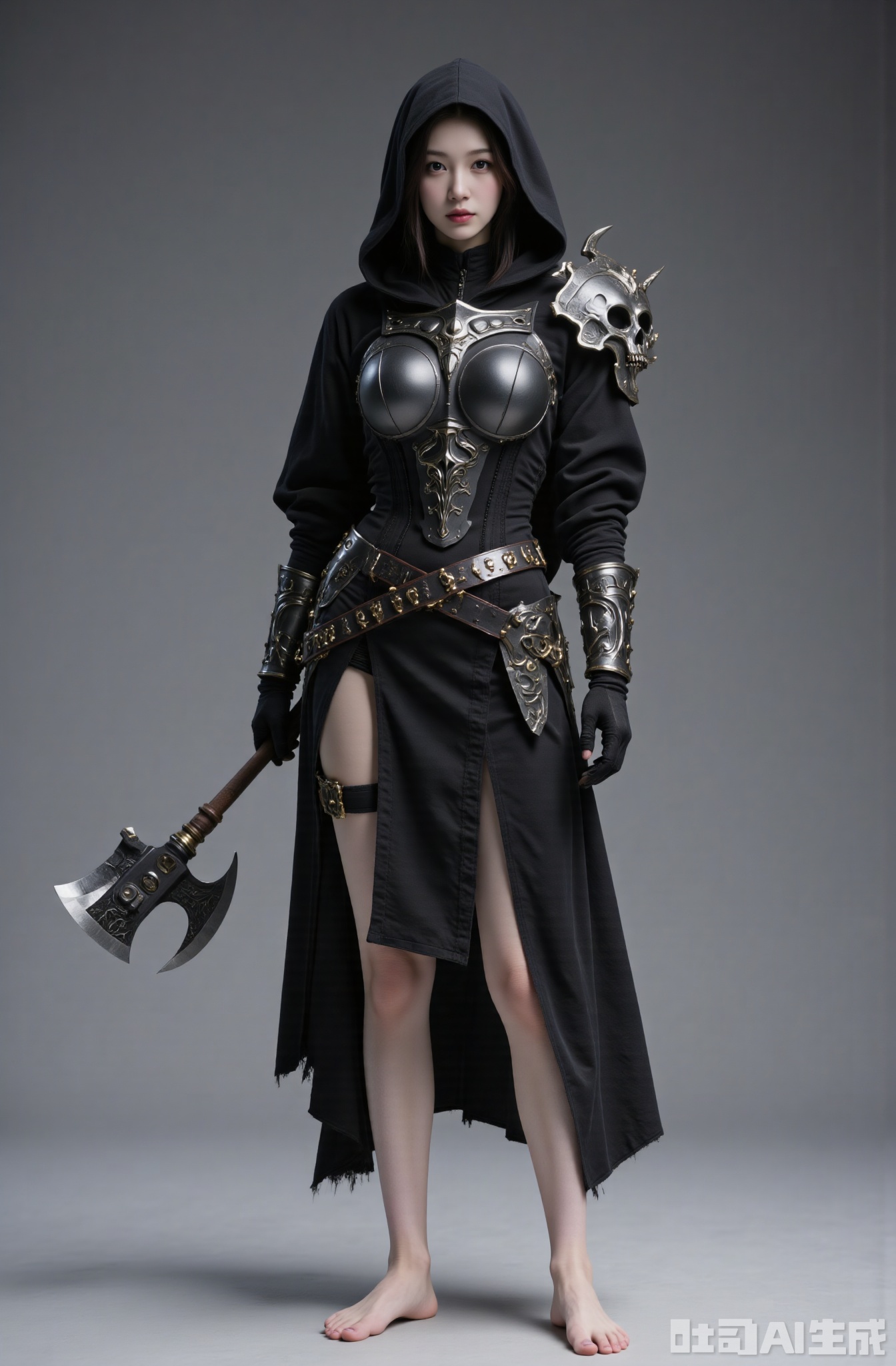 1girl, barefoot, hood, weapon, armor, skull, gloves, belt, holding, looking at viewer, black hair, chain, realistic, full body, over shoulder, nail polish, standing, axe, shoulder armor