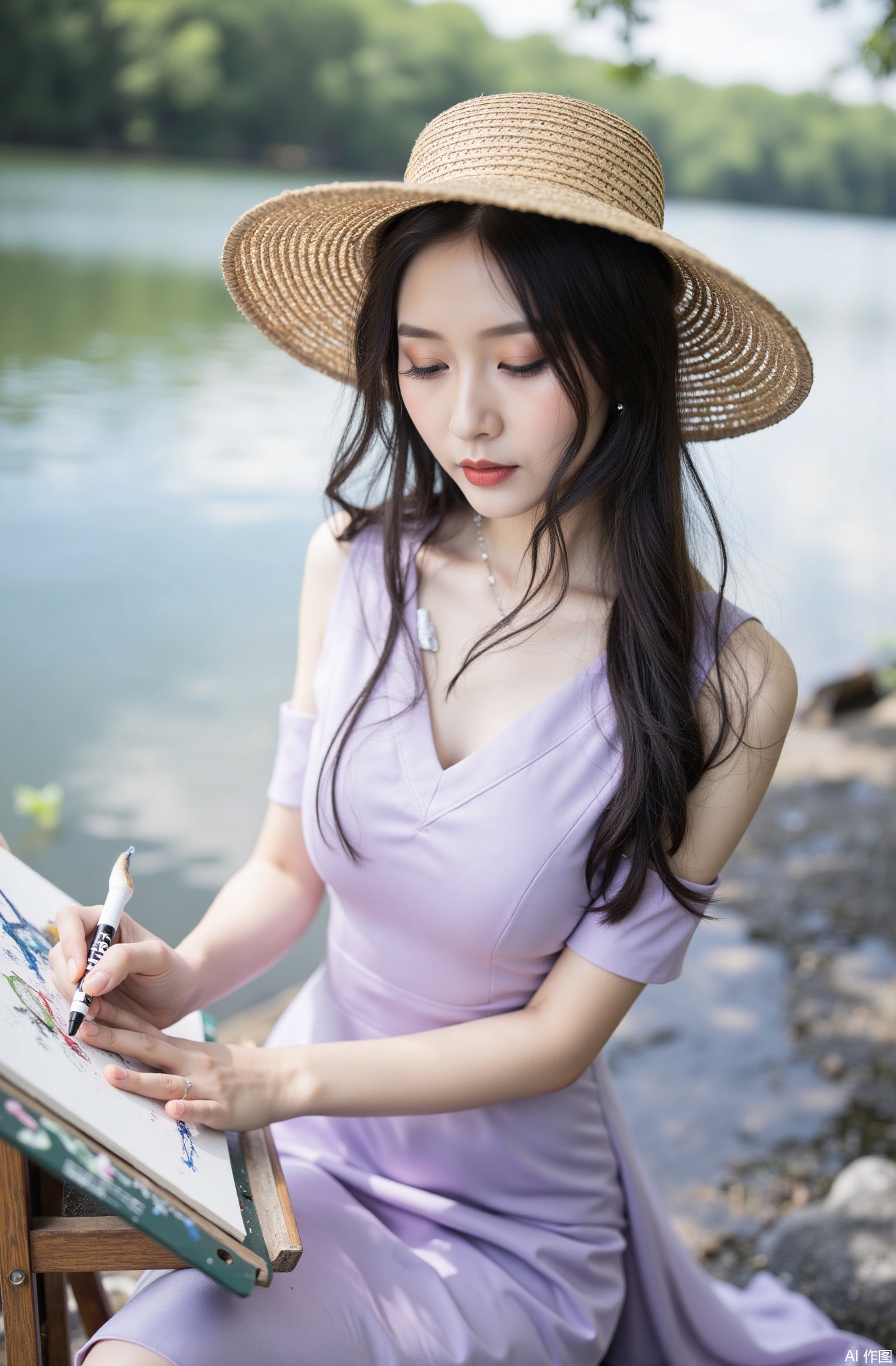 Photography style, photography, ultra-clear details, Chinese beauty, snow-white skin, white skin
By the quiet lake, the beauty is wearing a lilac dress and a wide-brimmed straw hat. She holds painting tools in her hand and focuses on sketching. The waves on the lake and the colors of the sky are stained by her pen. The hair fluttered in the wind, and the face was filled with an intoxicated expression of creation. The surrounding trees are shaded, depicting an artistic daily picture.