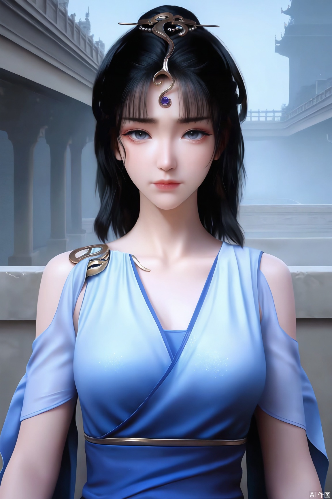 1girl, solo, long hair, looking at viewer, black_hair,hair ornament,  closed mouth,dress, upper body, realistic, 
masterpiece, best quality, absurdres, highres, amazing quality, very aesthetic,  newest, absurdres, highres, highly detailed, very aesthetic,