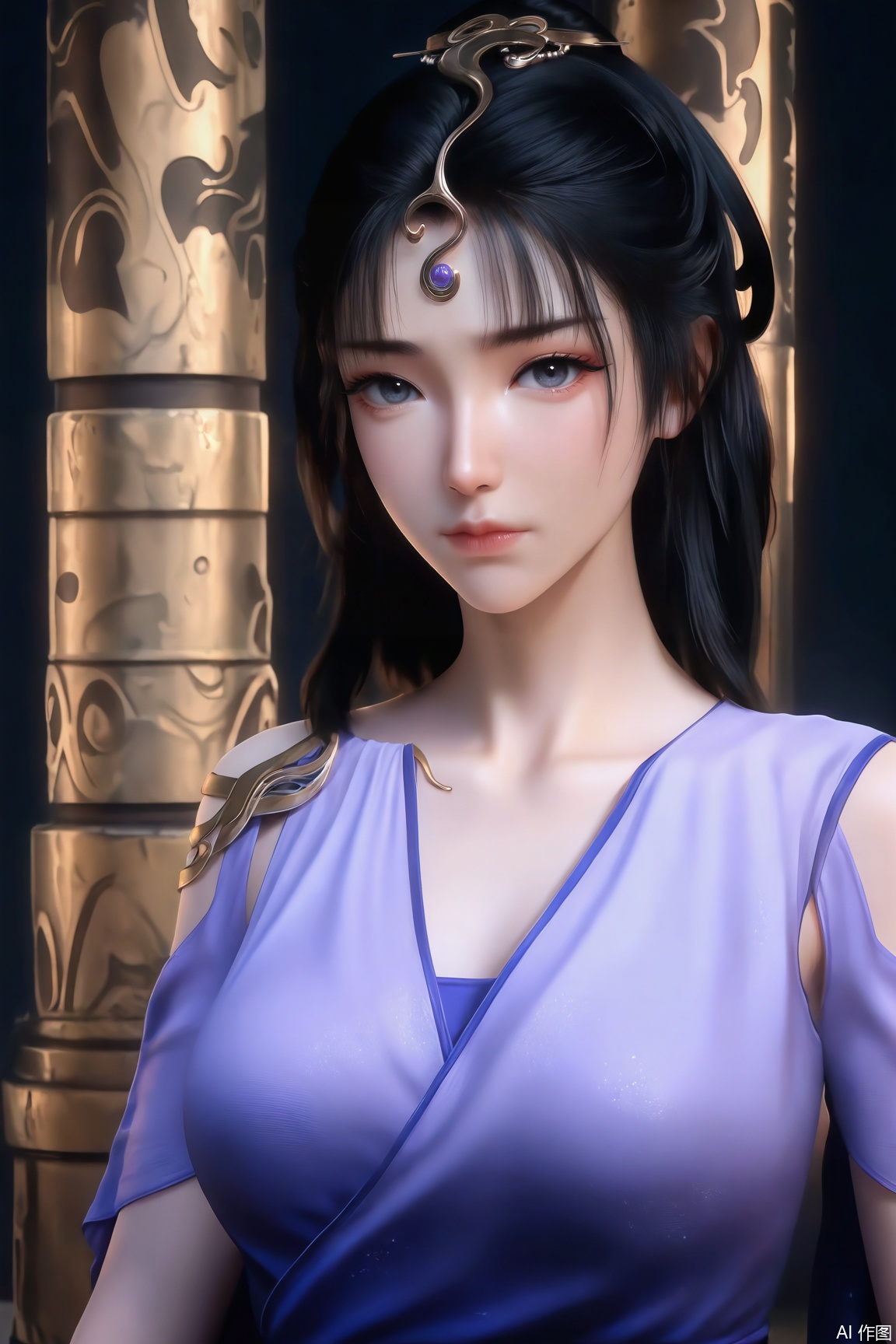 1girl, solo, long hair, looking at viewer, black_hair,hair ornament,  closed mouth,dress, upper body, realistic, 
masterpiece, best quality, absurdres, highres, amazing quality, very aesthetic,  newest, absurdres, highres, highly detailed, very aesthetic,