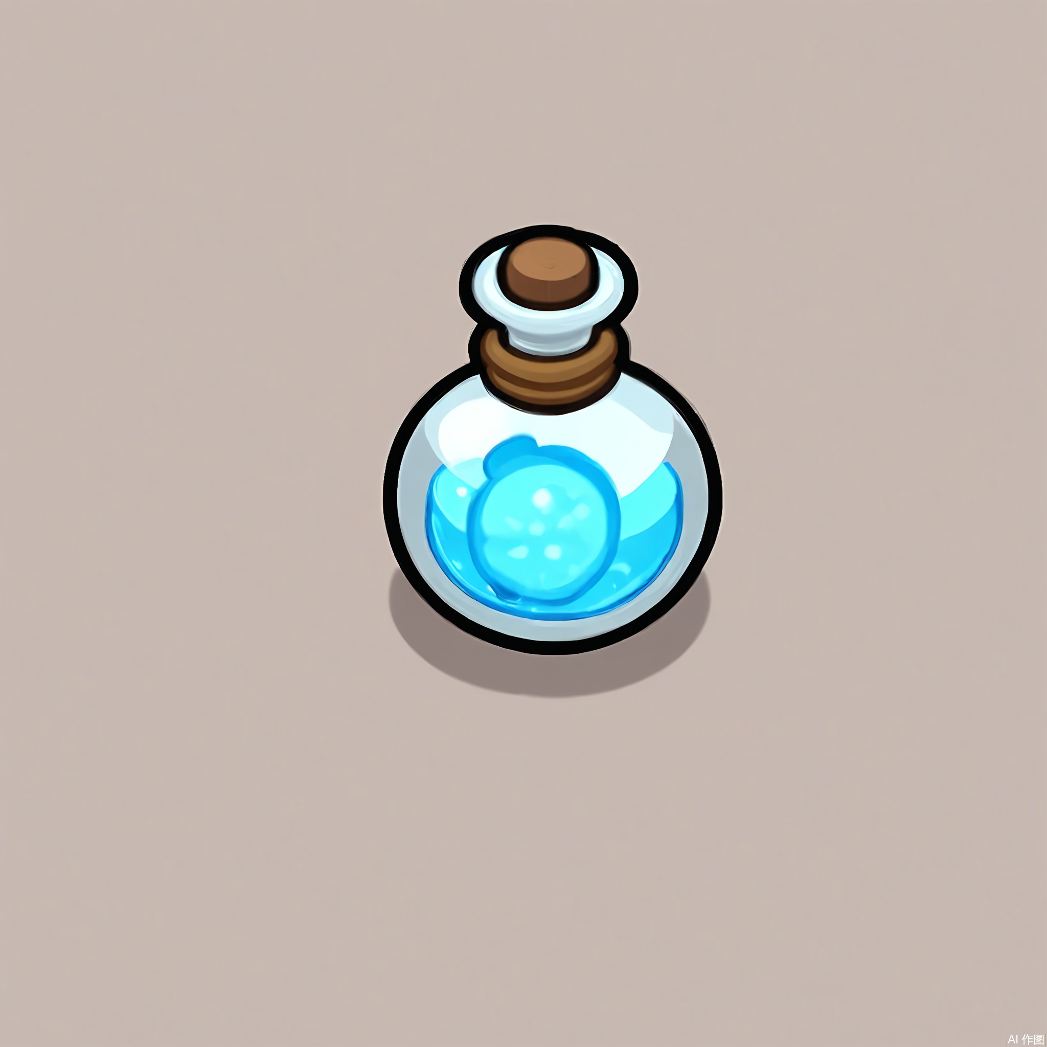 MBDJ, A digital drawing of a potion bottle with a cork stopper and a label reading "Invisibility", sitting on a plain white shelf. The liquid inside is a swirling, silver color. The bottle has small bubbles rising to the surface. The style is cartoony and mysterious, with clean lines and a subtle glow effect. A shadow under the bottle suggests a light from above.
