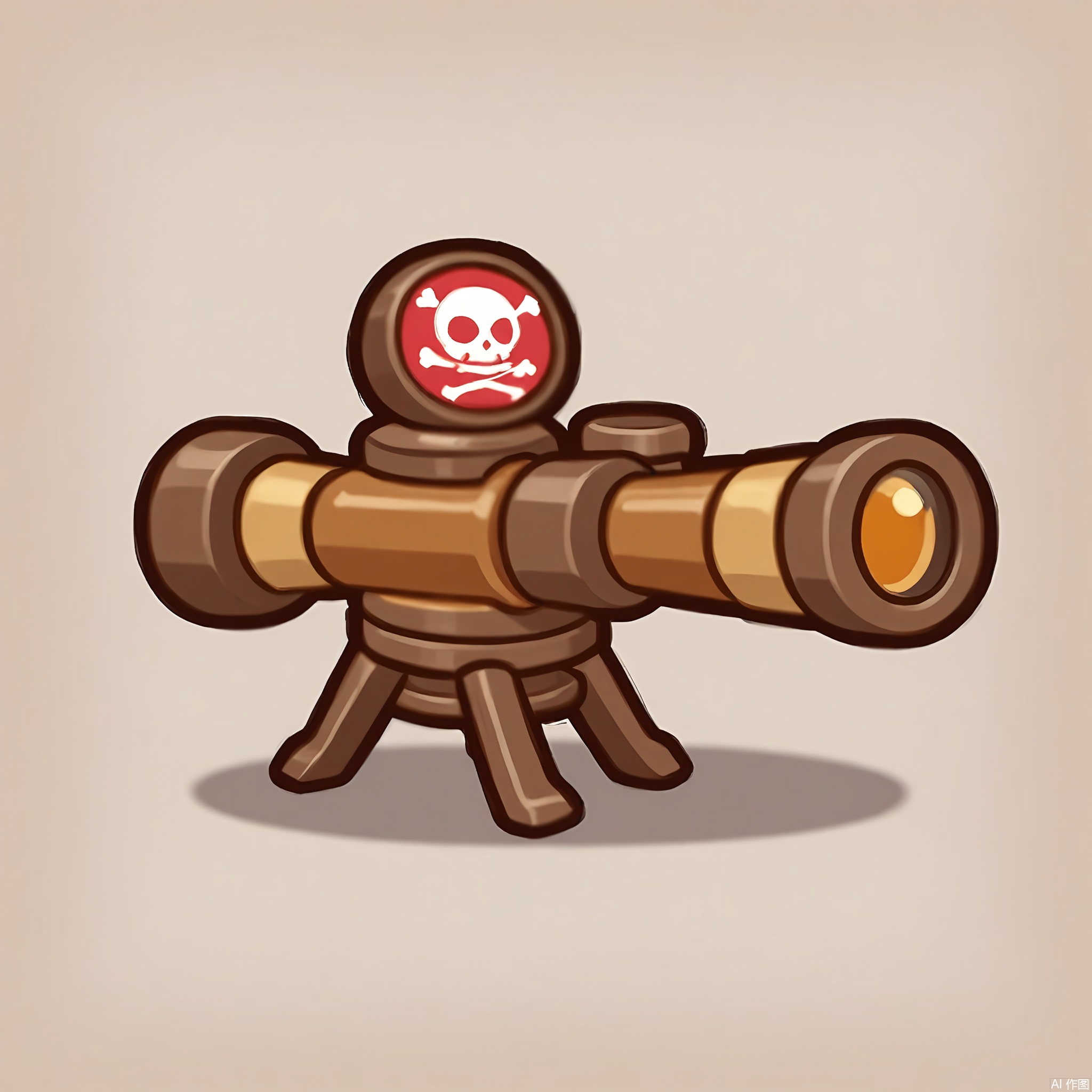 MBDJ, A digital drawing of a pirate's telescope with a brass body and a leather grip, leaning against a plain white wall. The telescope has a small, magnifying lens at one end and is decorated with a skull and crossbones emblem. The style is cartoony and adventurous, with detailed textures and a warm color palette. A shadow casts from the telescope, indicating the light's direction.
