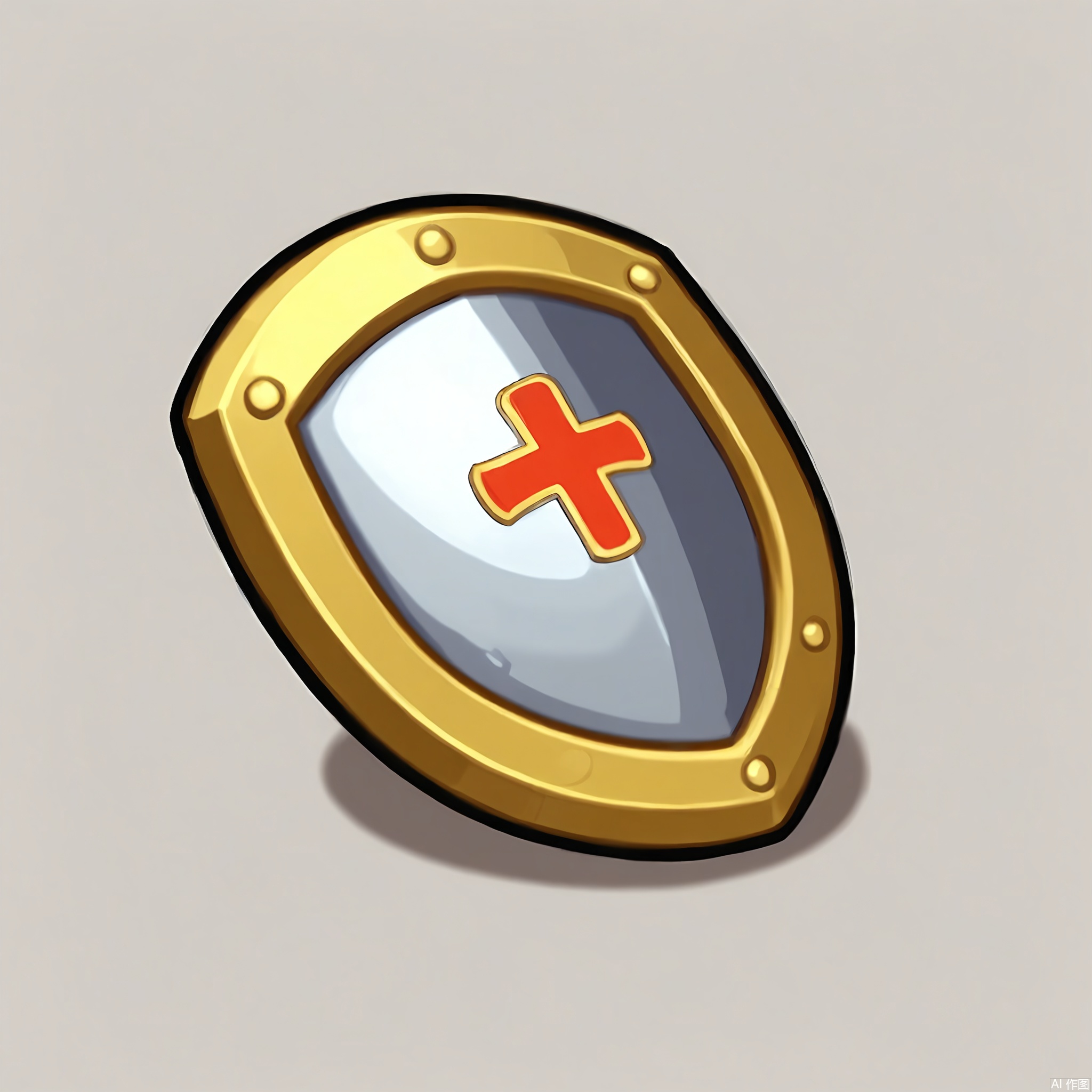 MBDJ, A digital drawing of a knight's shield with a silver surface and a red cross emblem, leaning against a plain white wall. The shield has a curved shape and is decorated with gold trim. The style is cartoony and heroic, with bold colors and a metallic sheen. A shadow casts from the shield, showing the light's position.

