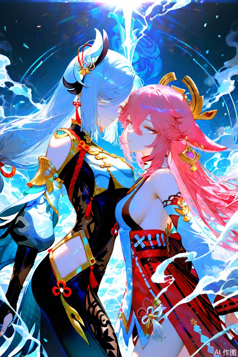 (2girls:1.1),symmetrical docking,genshin impact \(series\),shenhe \(genshin impact\),yae miko \(genshin impact\), motion blur,going really fast masterpiece,deep focus,A shot with tension,(Visual impact,giving the poster a dynamic and visually striking appearance:1.2),impactful picture,dark shot,shadows,contrast,layered colors,vivid colors,contrast,offcial art,movie perspective,very aesthetic,disheveled hair,perfect composition,intricate details,moody,epic, intricate details,soothing tones,high contrast,natural skin texture,soft light,sharp,masterpiece,best quality,(ray tracing),sunlight,insanely interplay between lights and shadows, looking at viewer,face focus, eye trail,backlighting,blue theme,depth of field,cinematic lighting,light particles,lens flare,flying debris,dust,smoke,masterpiece,best quality,amazing quality,very aesthetic,absurdres,best quality,newest, (artist:quasarcake:0.8),extreme aesthetic,(wlop:0.5),masterpiece,best quality,good quality,newest,year 2024,year 2023,very aesthetic,absurdres,Visual impact,A shot with tension, ultra-high resolution,32K UHD,sharp focus,best-quality,masterpiece,Emotionalization,unconventional supreme masterpiece,masterful details,temperate atmosphere,with a high-end texture,in the style of fashion photography, (Visual impact:1.2),giving the poster a dynamic and visually striking appearance,impactful picture,offcial art,colorful,splash of color,movie perspective,