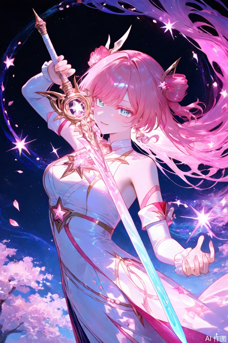 beautiful girl with long pink hair in a half ponytail wears an elegant blue and white outfit, holding a finely crafted sword. She stands gracefully in a fantasy landscape with cherry blossom petals floating around her. The background features a moonlit shrine, creating a mysterious atmosphere. Soft glowing lights enhance the magical aura, blending fantasy realism with digital painting techniques. The chiaroscuro effect adds depth, while the bloom effect, glow effect, and star dust make the scene ultra-detailed in 8K resolution.
