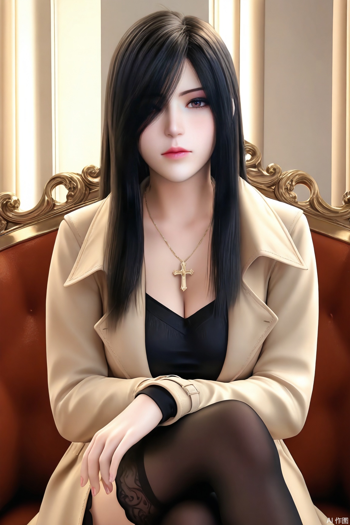 1girl, solo, long hair, looking at viewer, black_hair, closed mouth, long sleeves, jewelry, sitting, jacket, black thighhighs, necklace, hair over one eye, lips, coat, crossed legs, cross, cross necklace, realistic, 
masterpiece, best quality, absurdres, highres, amazing quality, very aesthetic,  newest, absurdres, highres, highly detailed, very aesthetic,