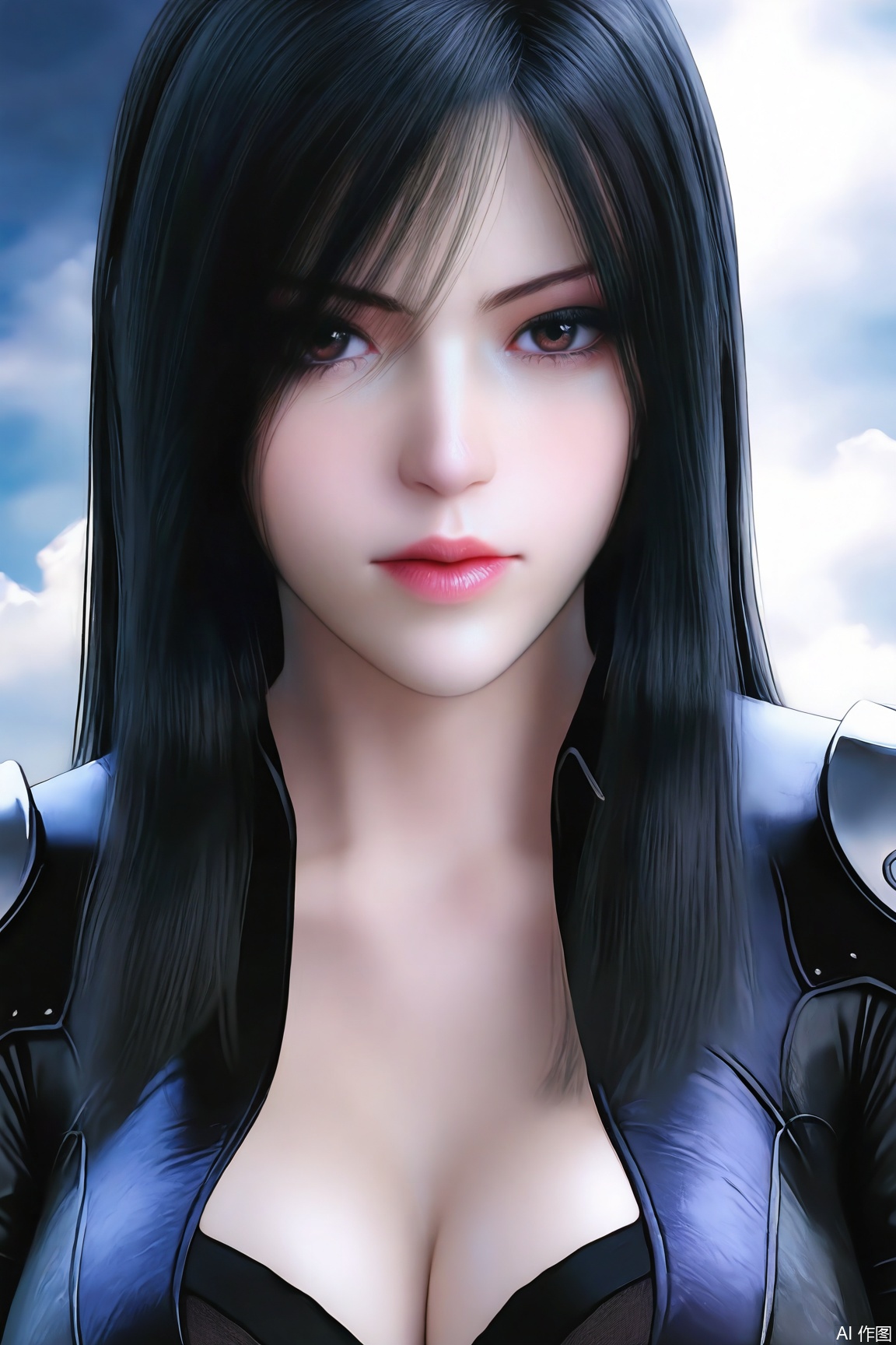1girl, solo, long hair, looking at viewer, black_hair, closed mouth,cleavage, lips, bodysuit, , upper body, realistic, 
masterpiece, best quality, absurdres, highres, amazing quality, very aesthetic,  newest, absurdres, highres, highly detailed, very aesthetic,